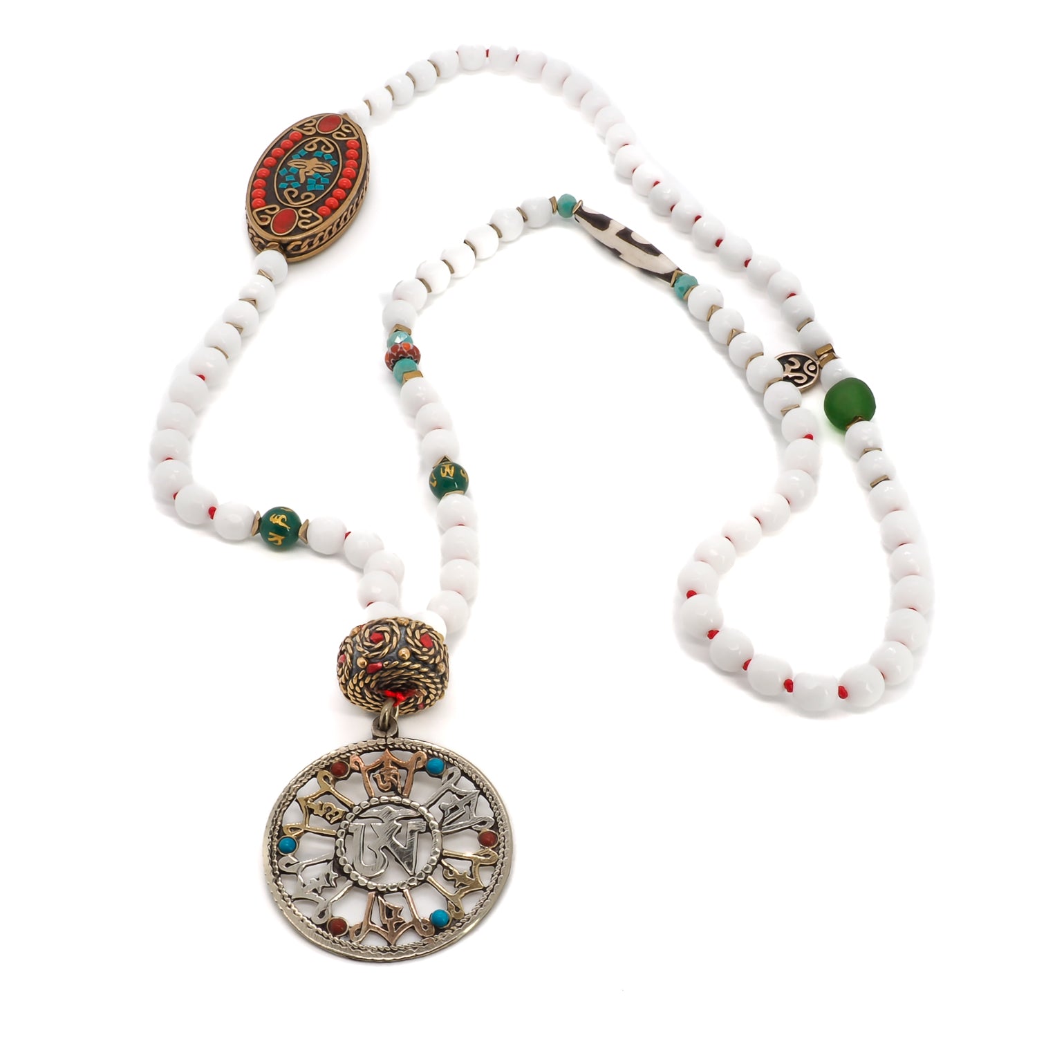 Meaningful Buddha Talisman Necklace - Handcrafted accessory with white Jade beads, Nepal tube beads, and a gold-plated Om Mani Padme Hum pendant.