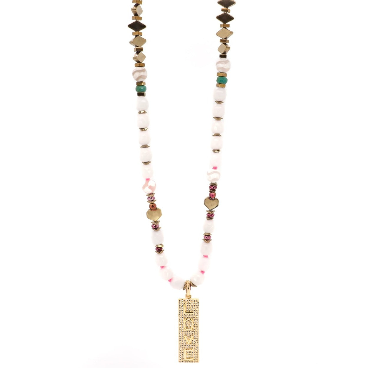 The 18K gold-plated pink enamel tube evil eye bead on the Power Of Love Necklace, symbolizing protection and warding off negative energies, creating a beautiful contrast with the other beads.