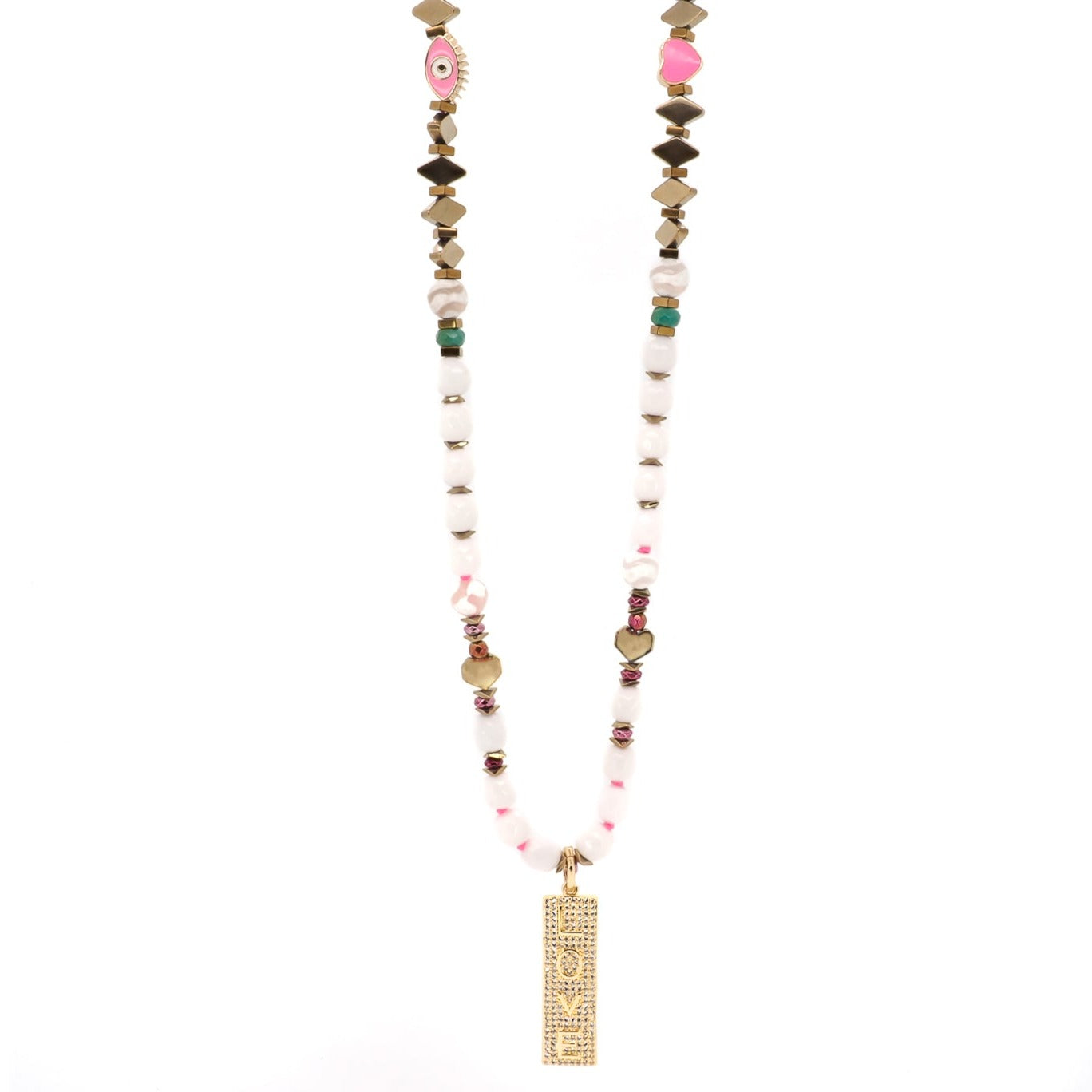 Power Of Love Necklace showcasing the beautiful combination of Jade beads, gold-plated LOVE pendant, and turquoise stone beads.