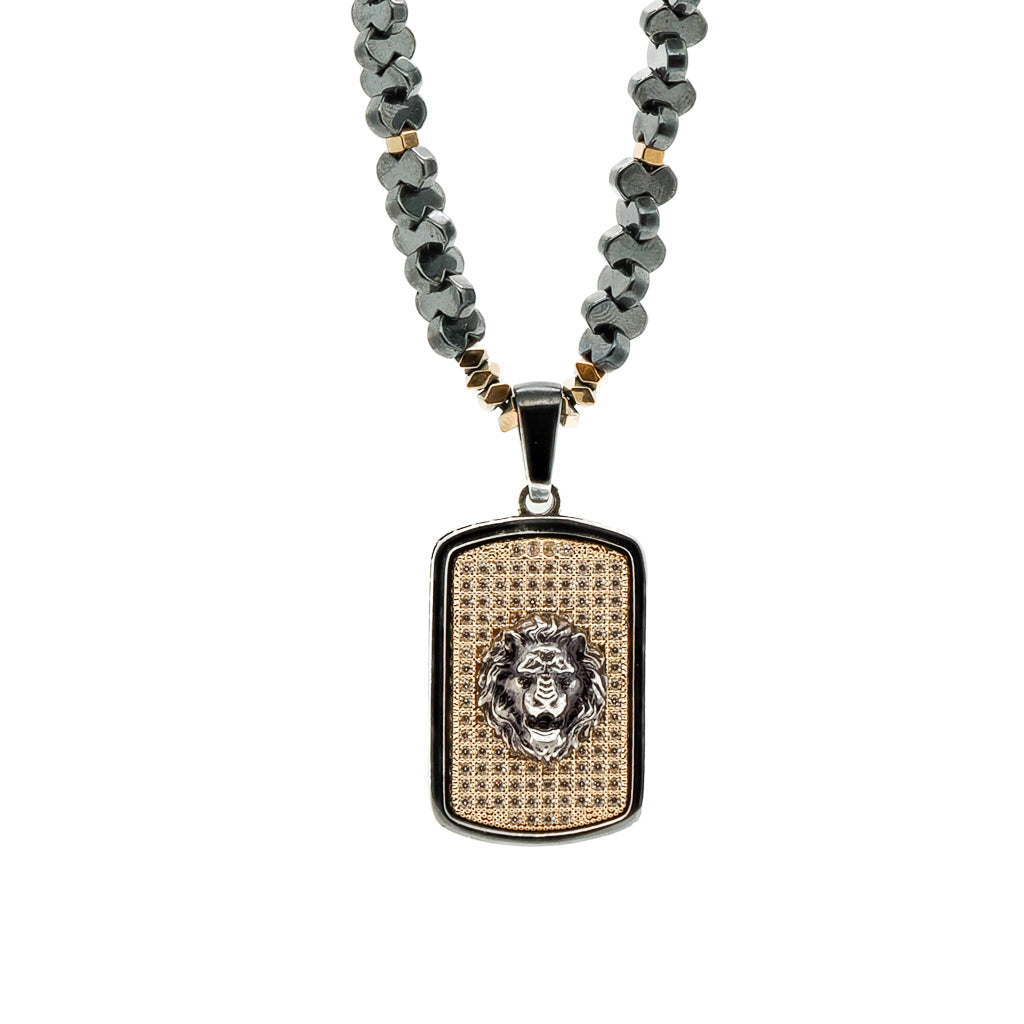Powerful Lion Men's Necklace - Gold and Hematite Stone Beads.