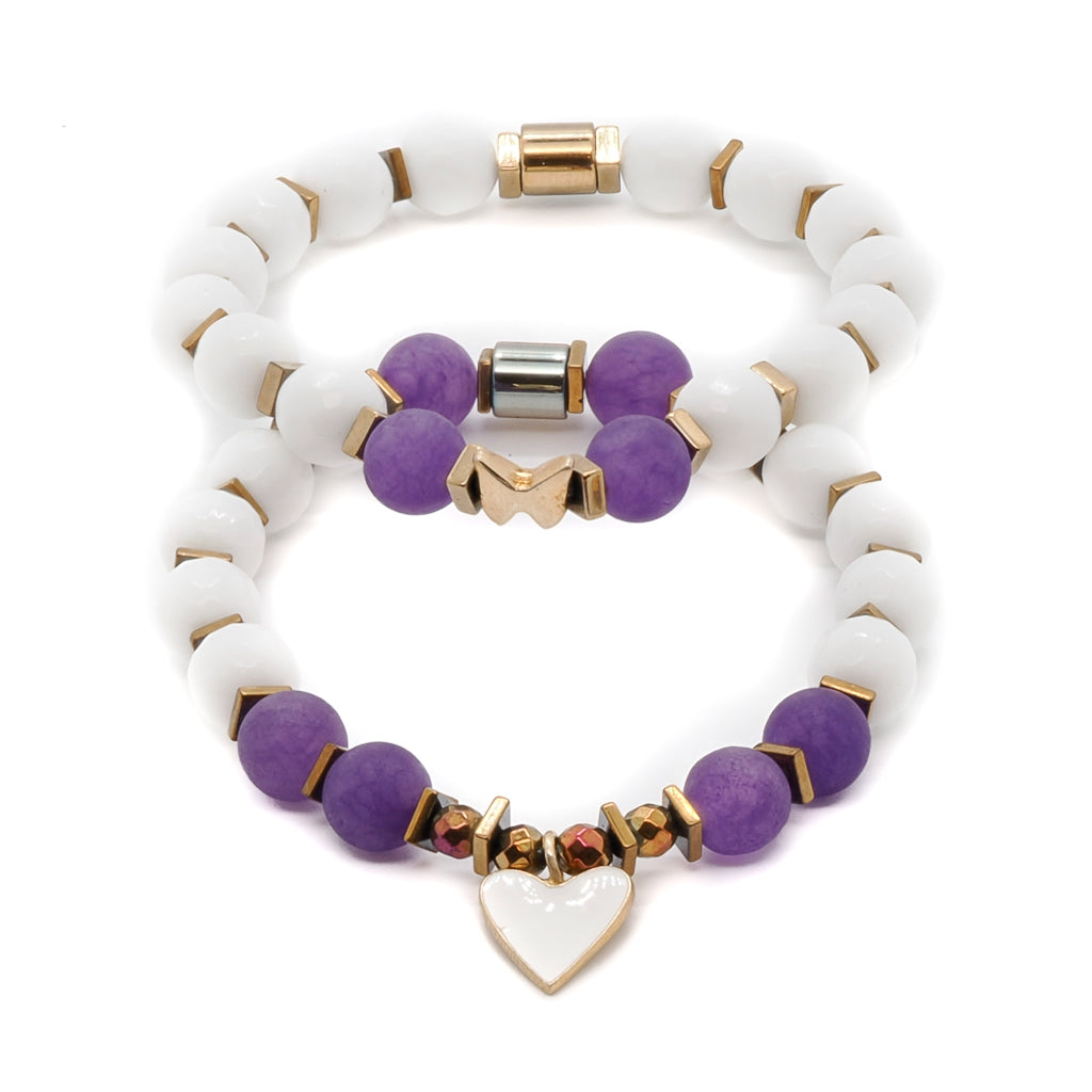 Embrace love and positivity with the Pure Love Bracelet Set, featuring purple and white jade beads.