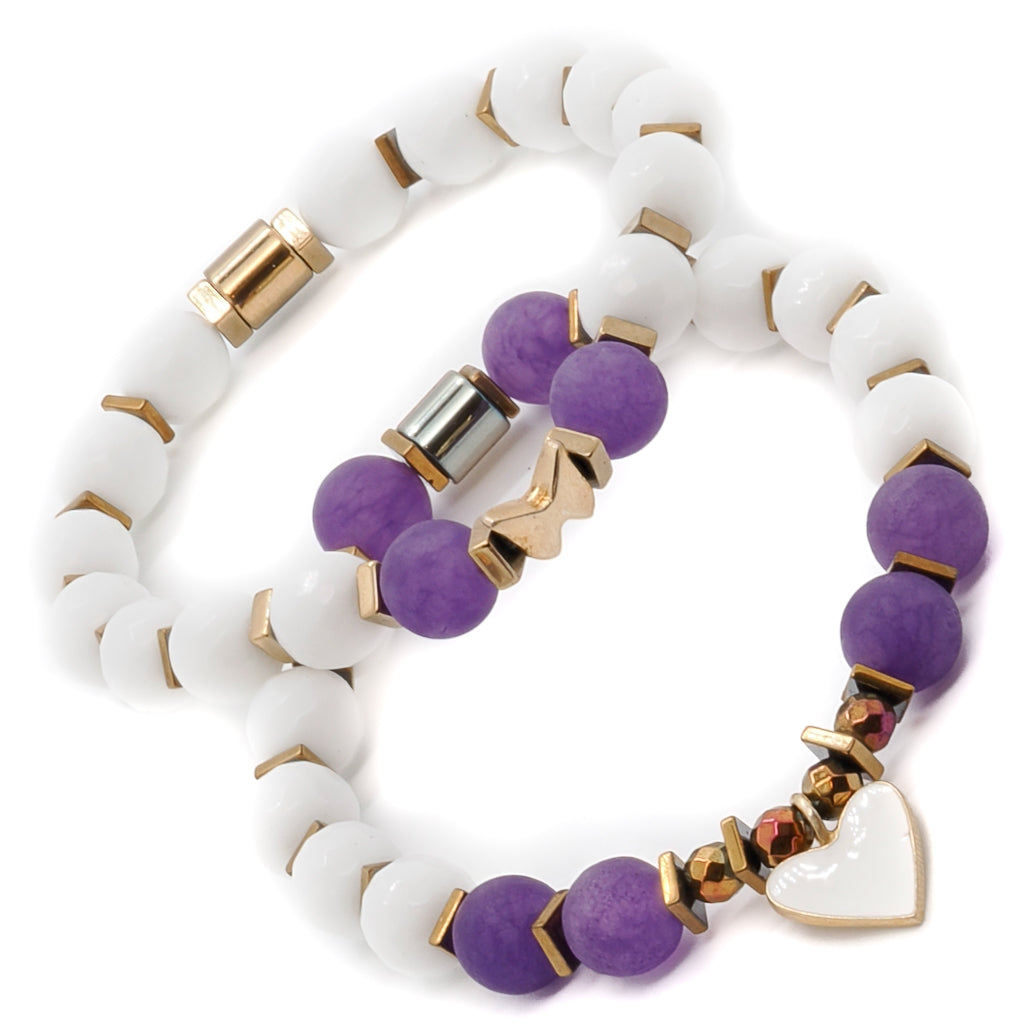 Radiate love and beauty with the Pure Love Bracelet Set, adorned with purple and white jade beads.