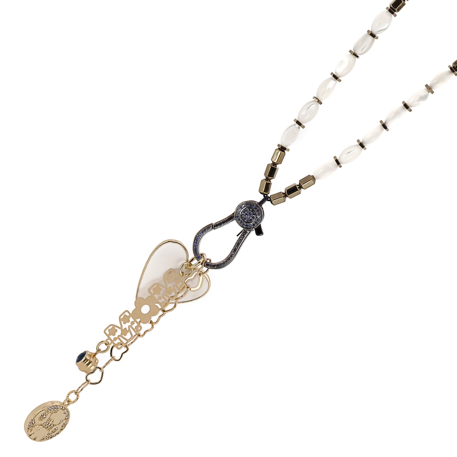 The 24k gold plated "mom" charm on the Pure Love Mom Necklace, symbolizing the special bond between a mother and child.