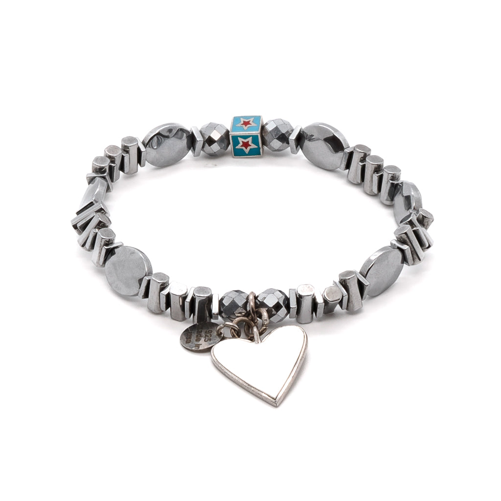 Discover the elegance of the Pure White Heart Bracelet, featuring a sterling silver heart charm and geometric silver-colored hematite beads.
