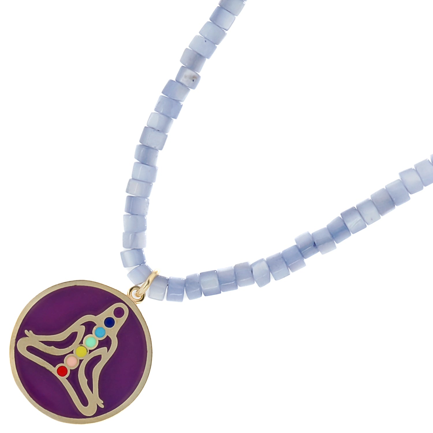 Purple Chakra Necklace showcasing a meaningful design with a chakra pendant and pearl stone beads.