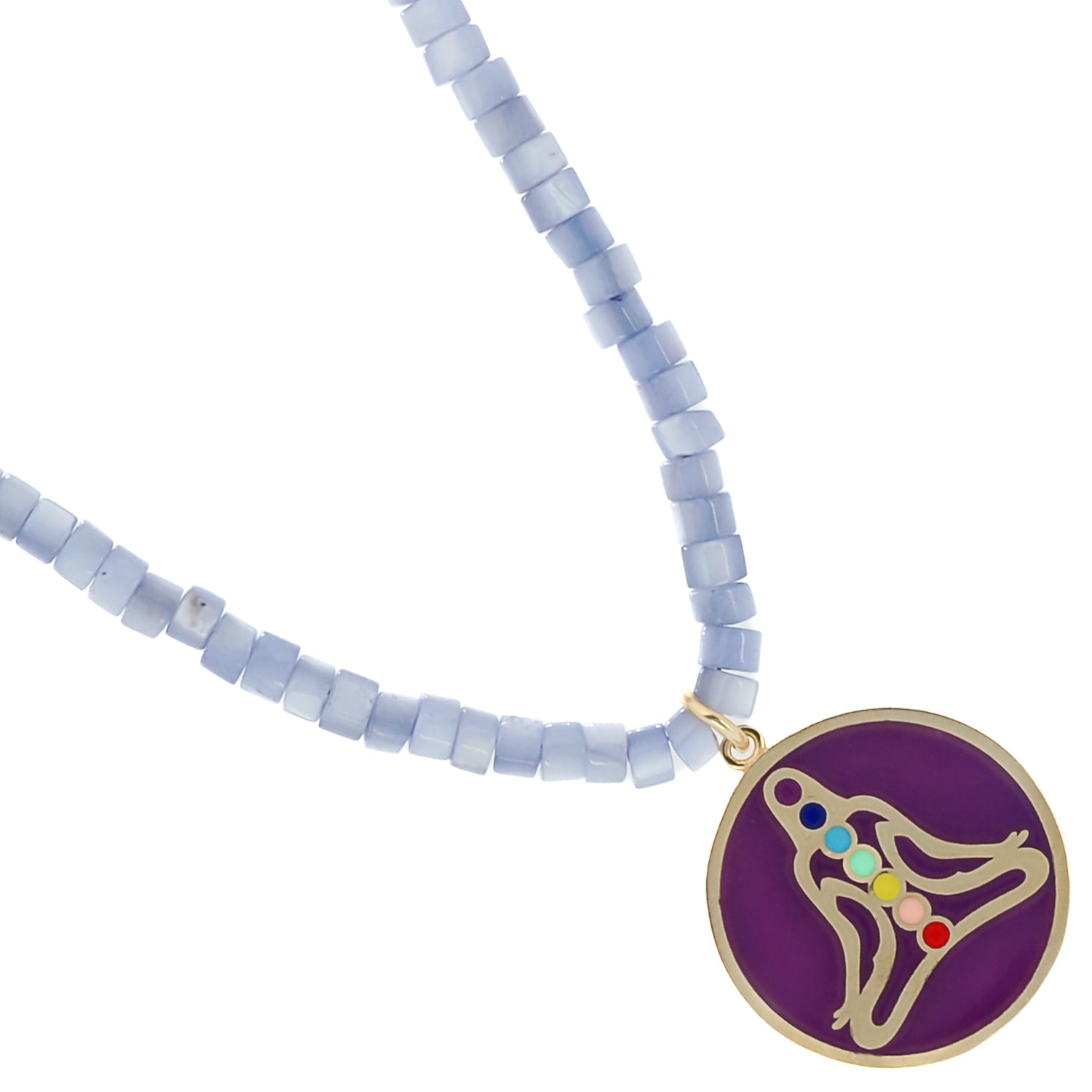 Necklace featuring a handmade chakra pendant and elegant lilac color pearl beads.