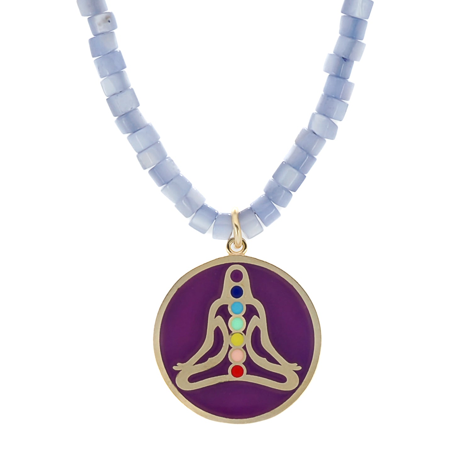 Handmade necklace with a purple chakra pendant and calming lilac color pearl beads.