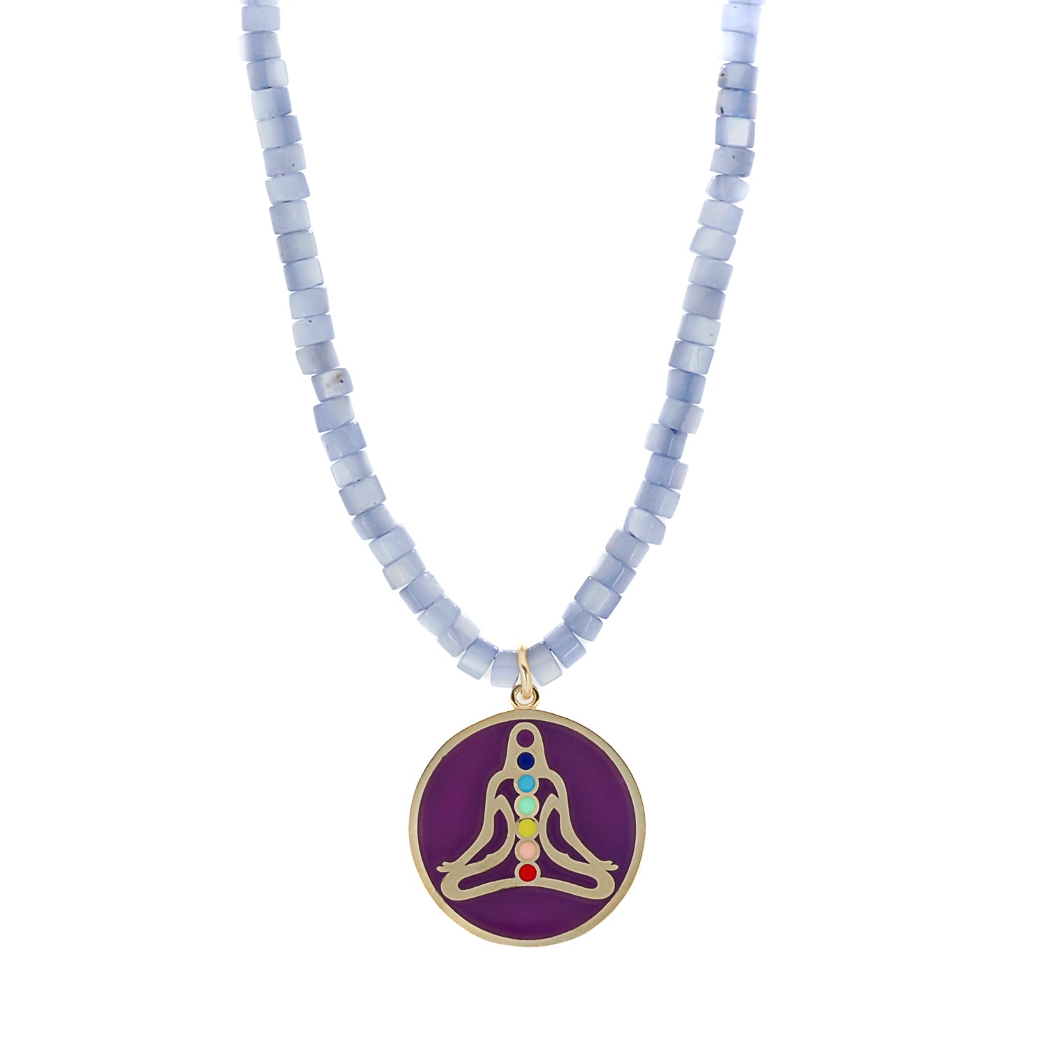 Purple Chakra Necklace featuring a handmade chakra pendant and lilac color pearl beads.