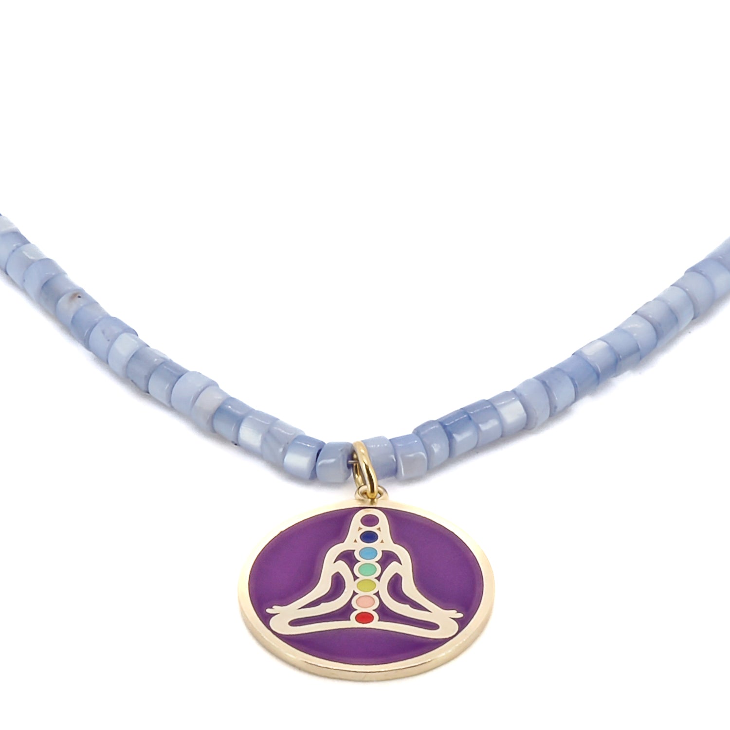 Unique necklace with a purple chakra pendant and soothing pearl stone beads in a lovely lilac hue.