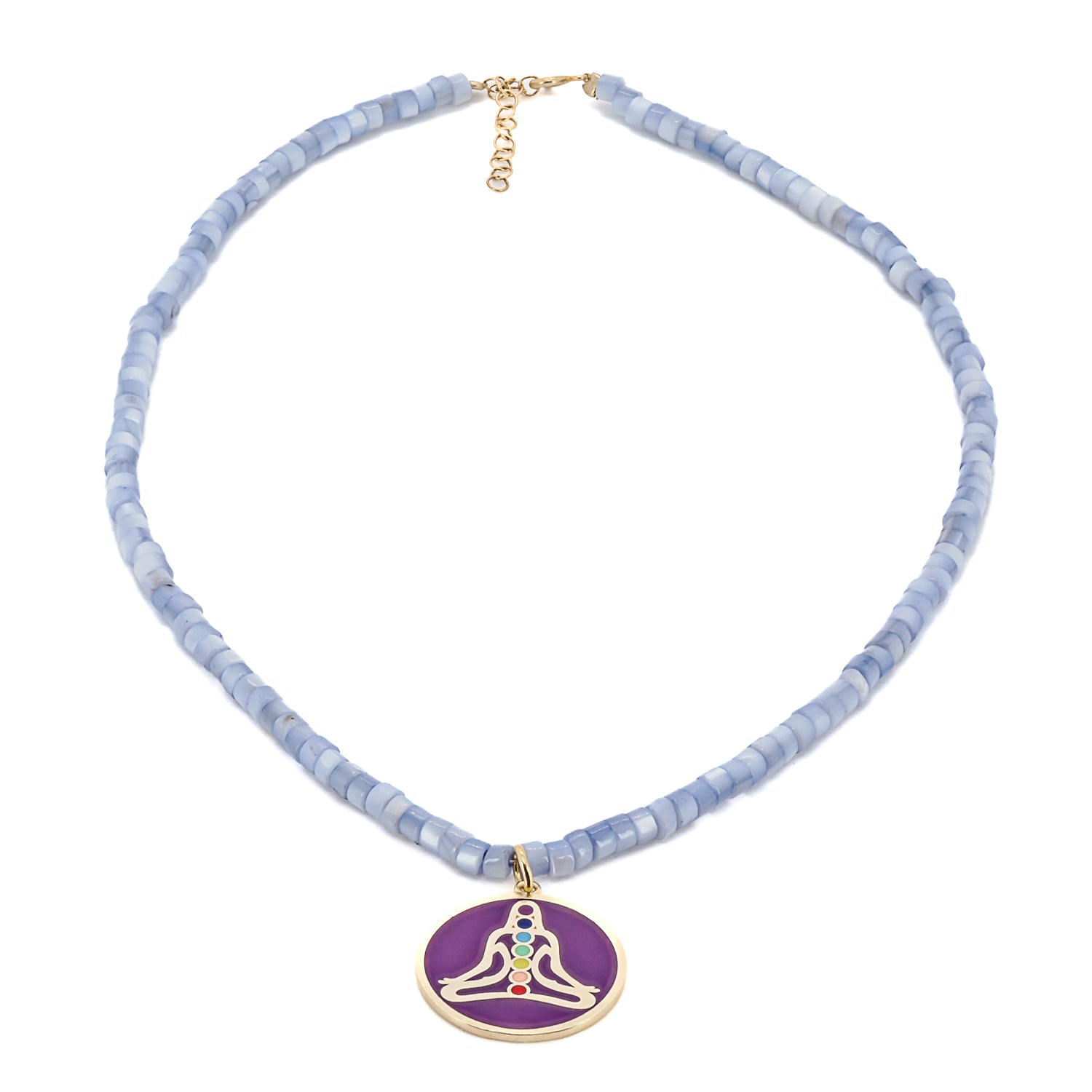 Necklace adorned with a beautiful chakra pendant and pearl stone beads in a lovely lilac color.