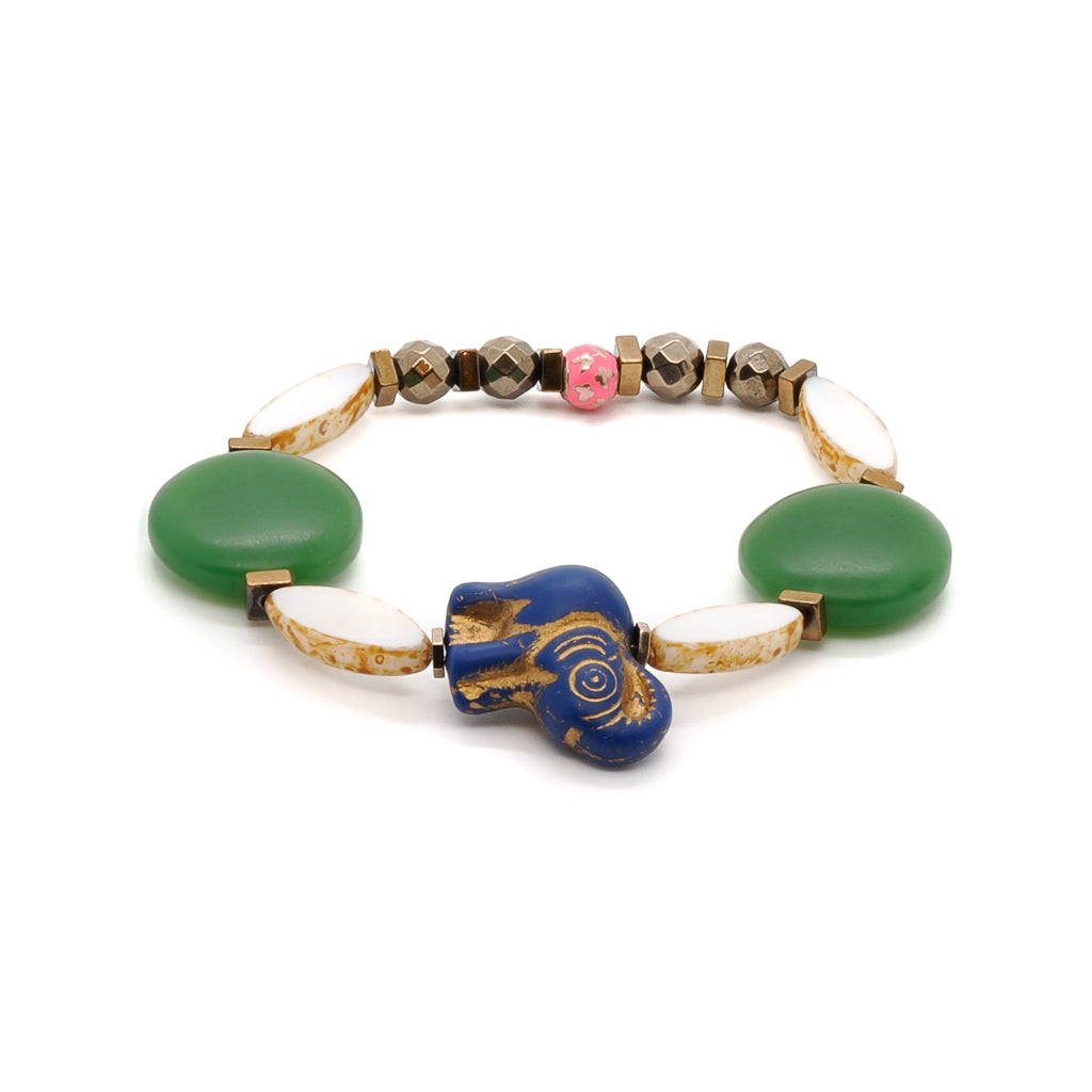 Explore the beauty of the Purple Elephant Bracelet, featuring a purple and gold African ceramic elephant bead and a sterling silver butterfly accent bead.
