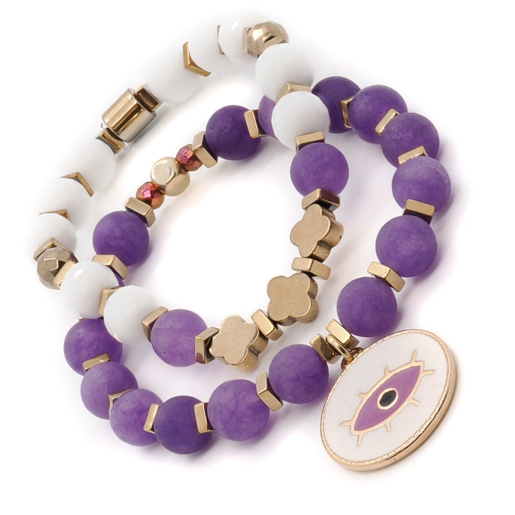 Enhance your style and energy with the Purple Romantic Bracelet Set, adorned with Purple and White Jade beads.