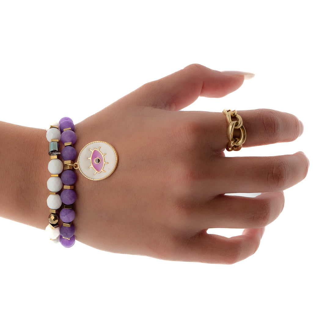 The hand model beautifully showcases the Purple Romantic Bracelet Set, embodying love and prosperity with her confident pose.