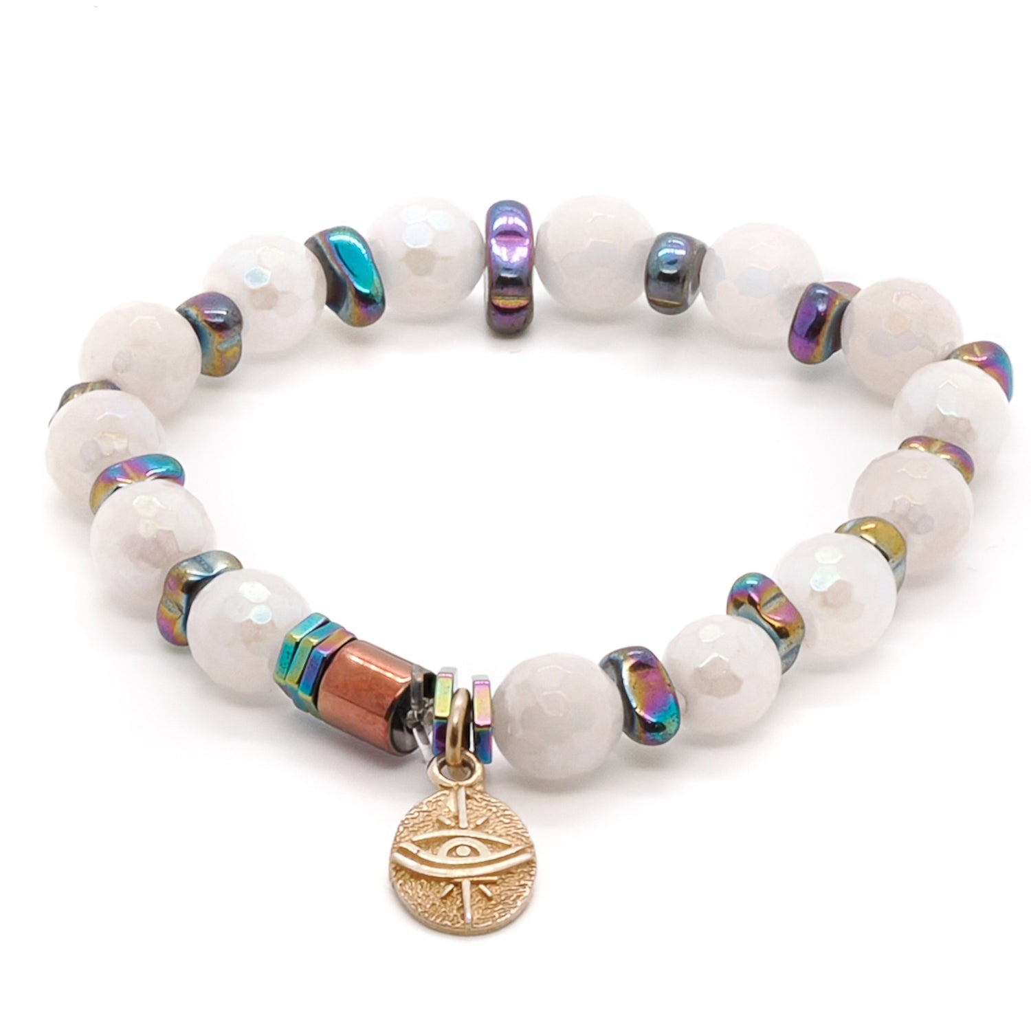 Discover the beauty and meaning of the Quartz Protection Bracelet, adorned with multicolor nugget hematite stone beads and a stunning Rose Quartz accent.