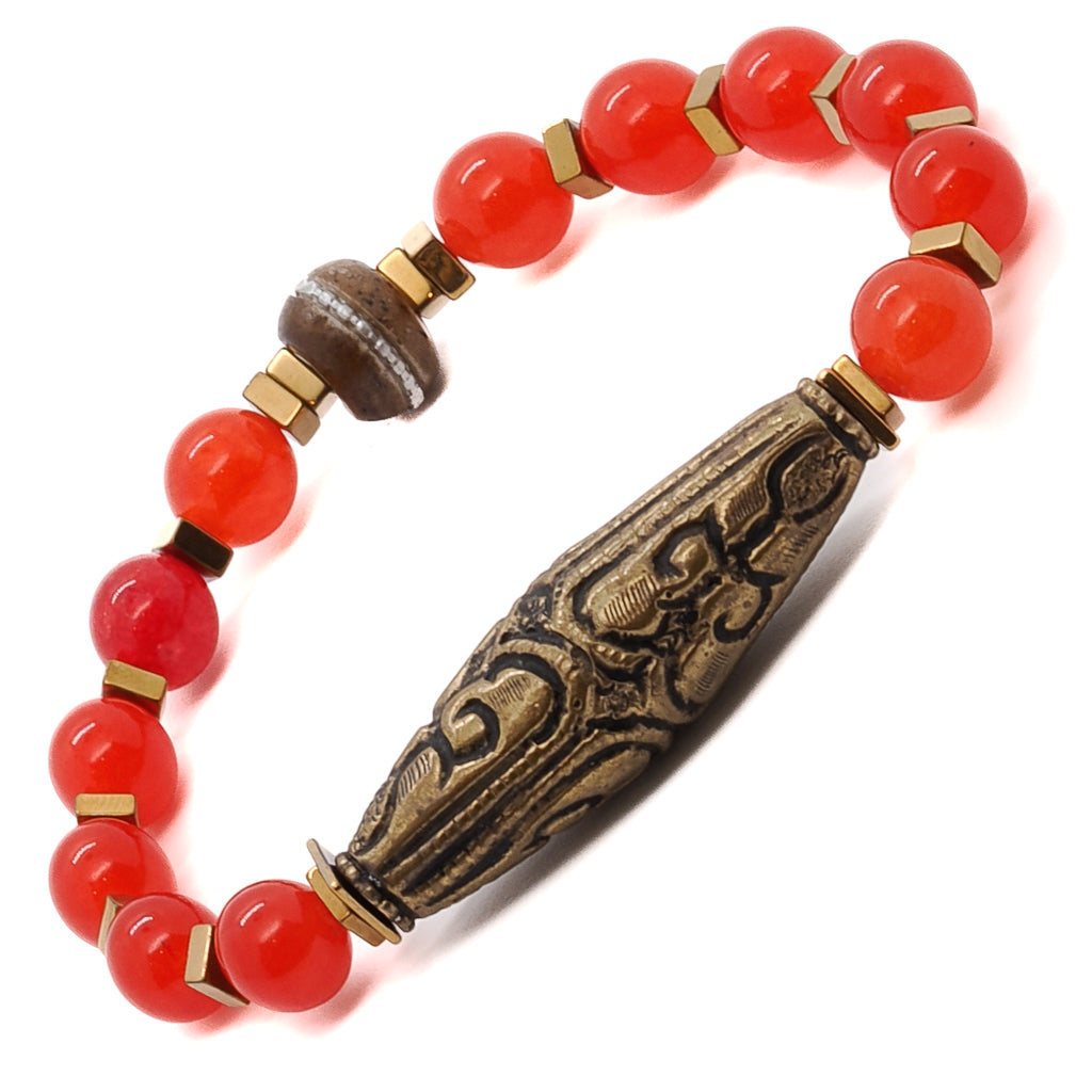 Discover the allure of the Red Carnelian Vintage Bracelet, showcasing the radiant beauty of carnelian stone beads and the intricacies of a Nepal brass charm.