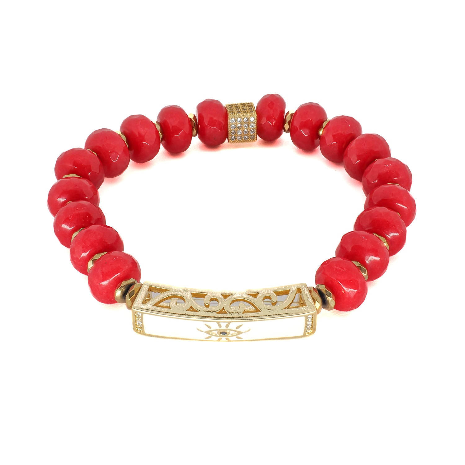 Explore the powerful and vibrant Red Energy Evil Eye Bracelet, featuring red coral stone beads and a large evil eye charm.