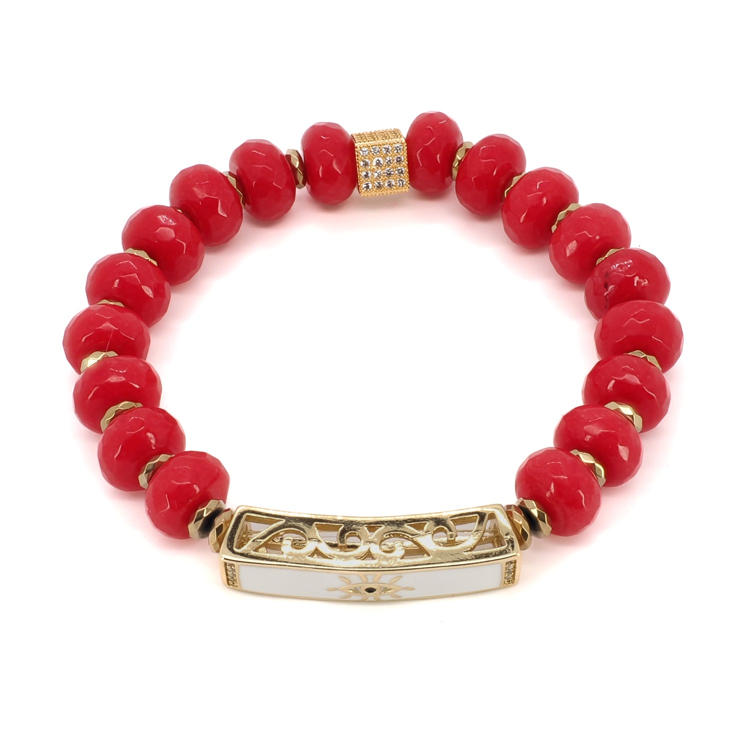 Discover the spiritual and protective power of the Red Energy Evil Eye Bracelet, crafted with red coral stone beads and gold hematite spacers.