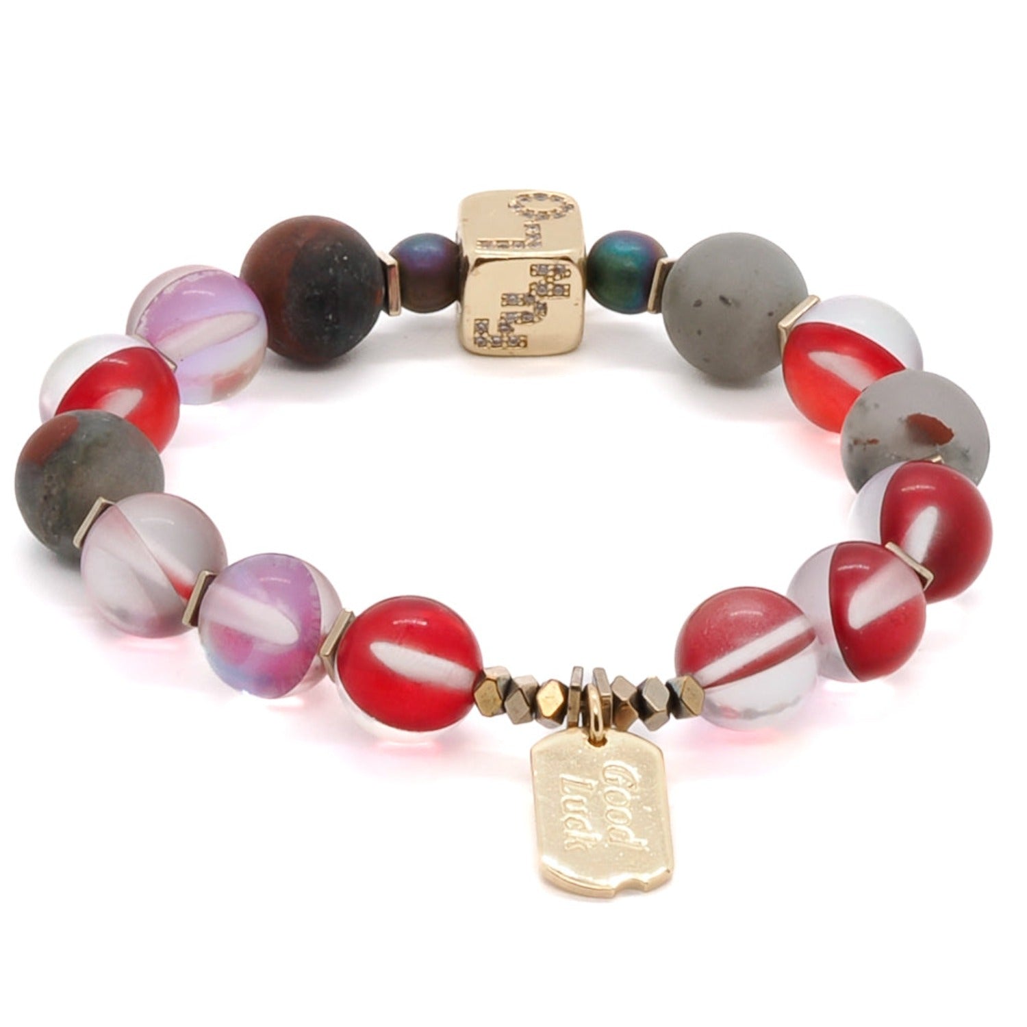 Immerse yourself in the beauty of the Red &amp; Gold Good Luck Bracelet, adorned with matte blood stone beads and a gold-filled charm.