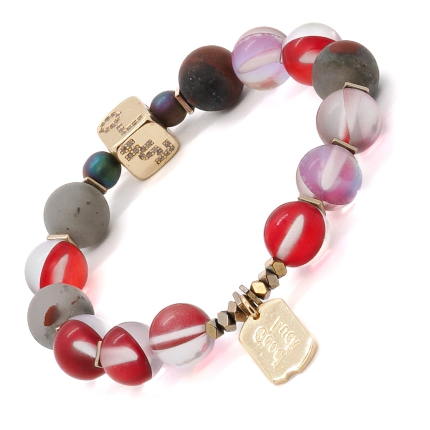 Explore the symbolism of good fortune with the Red & Gold Good Luck Bracelet, featuring red color cat eye stone beads and gold accents.