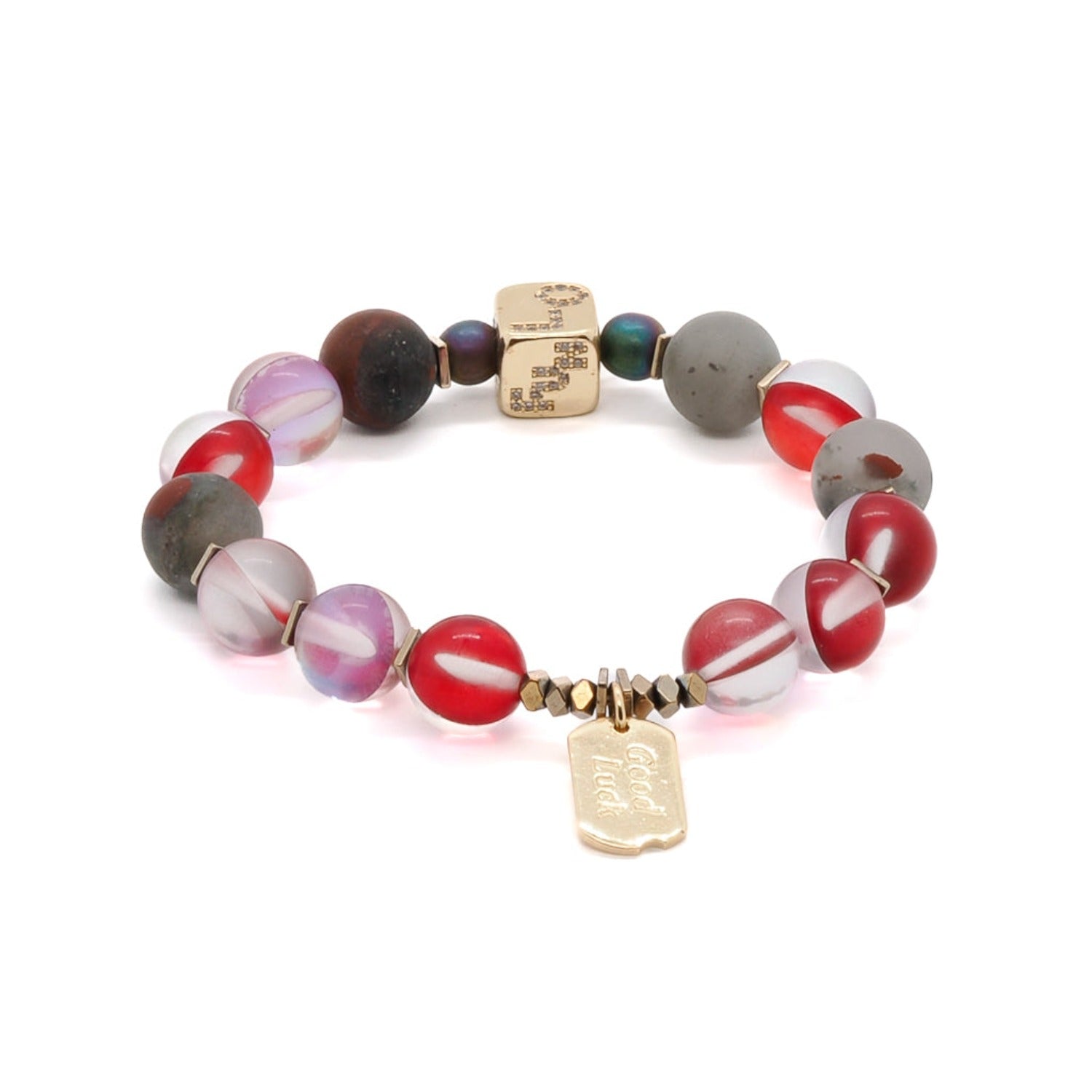 Discover the beauty of the Red &amp; Gold Good Luck Bracelet, featuring red cat eye stone beads and gold accents.