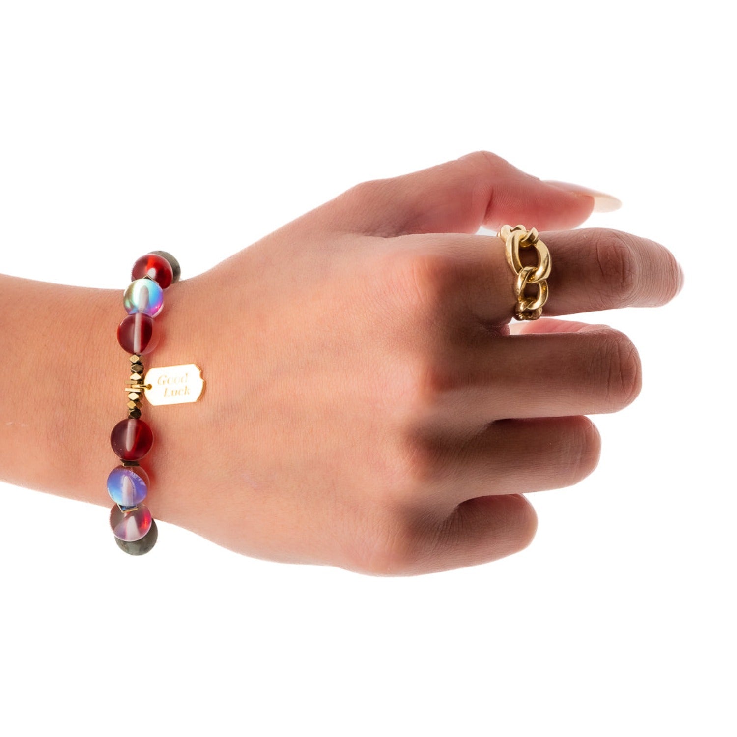 See how the Red &amp; Gold Good Luck Bracelet enhances the model&#39;s hand, adding a touch of sophistication and charm.