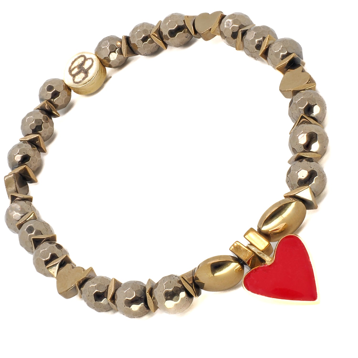 Express your affection with the Red Heart Love Bracelet, a unique jewelry piece featuring heart-shaped hematite beads and a red enamel charm.