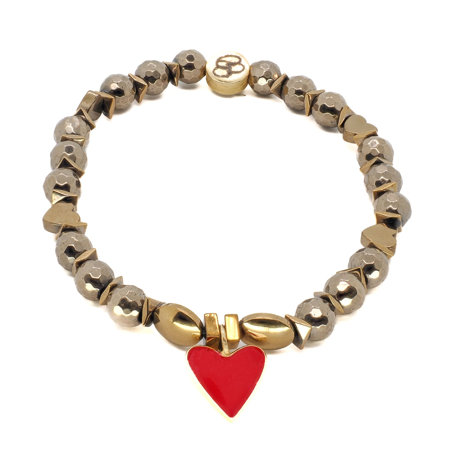 Embrace the essence of love with the Red Heart Love Bracelet, featuring heart-shaped hematite beads and gold-colored accents.