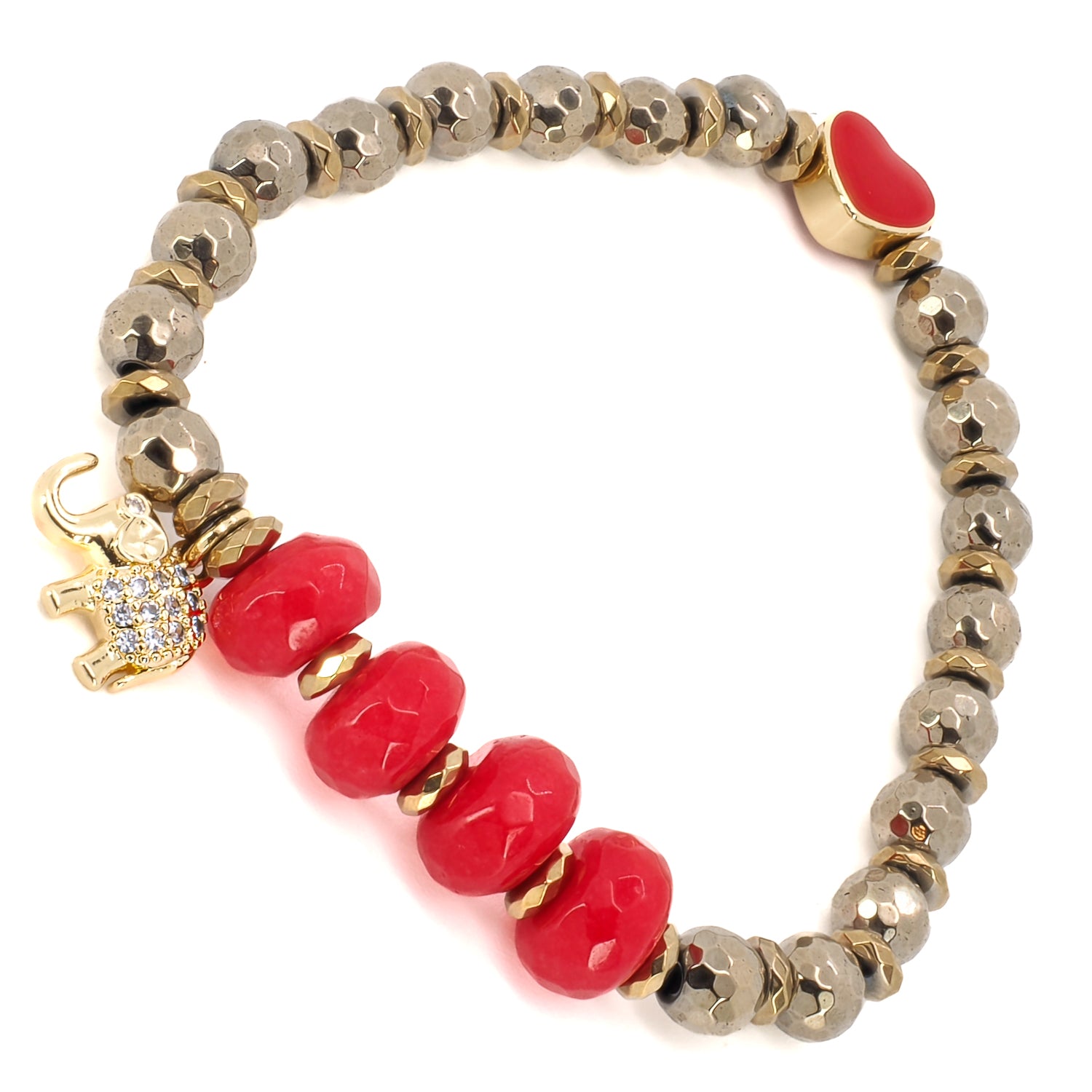 Wear the Red Heart Lucky Elephant Bracelet as a symbol of luck and protection, featuring hematite stone beads and a gold-plated Elephant charm.