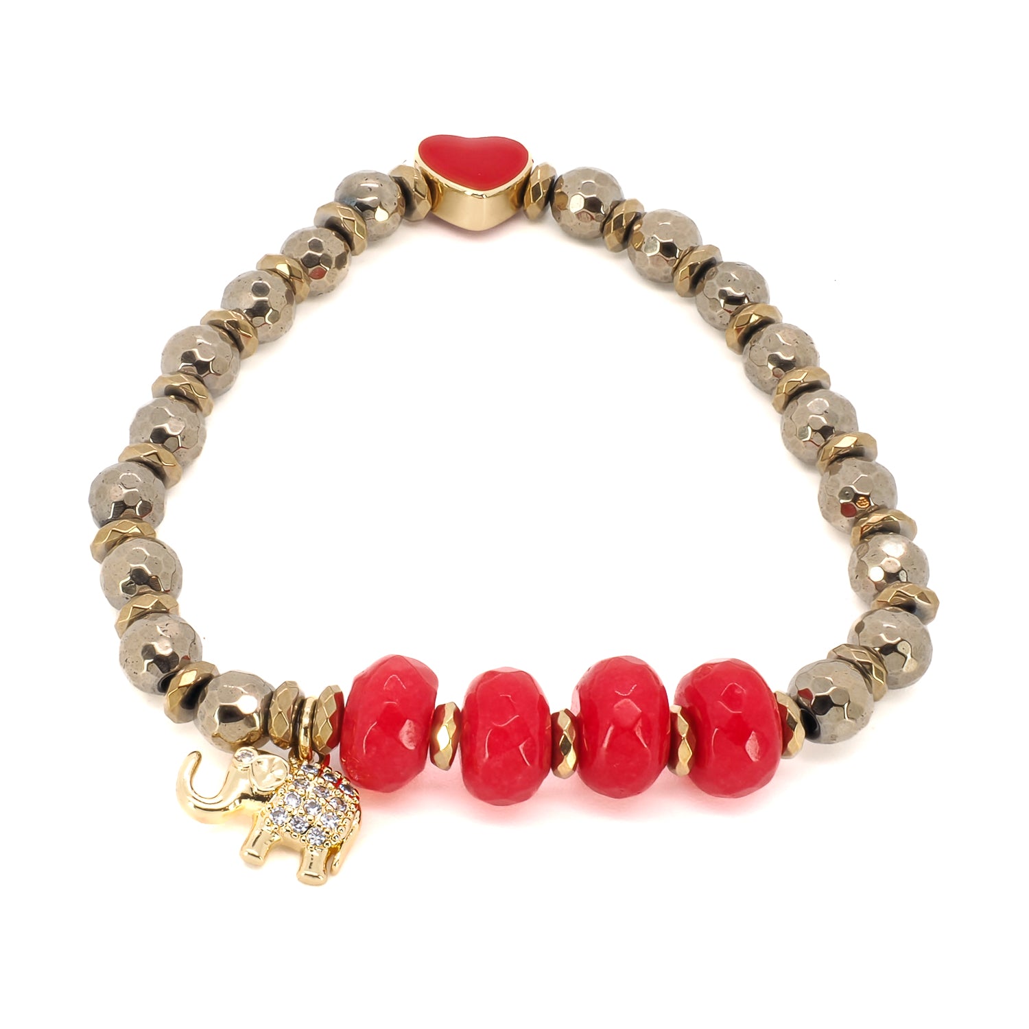 Embrace the beauty of the Red Heart Lucky Elephant Bracelet, featuring hematite stone beads and a gold-plated Lucky Elephant charm.