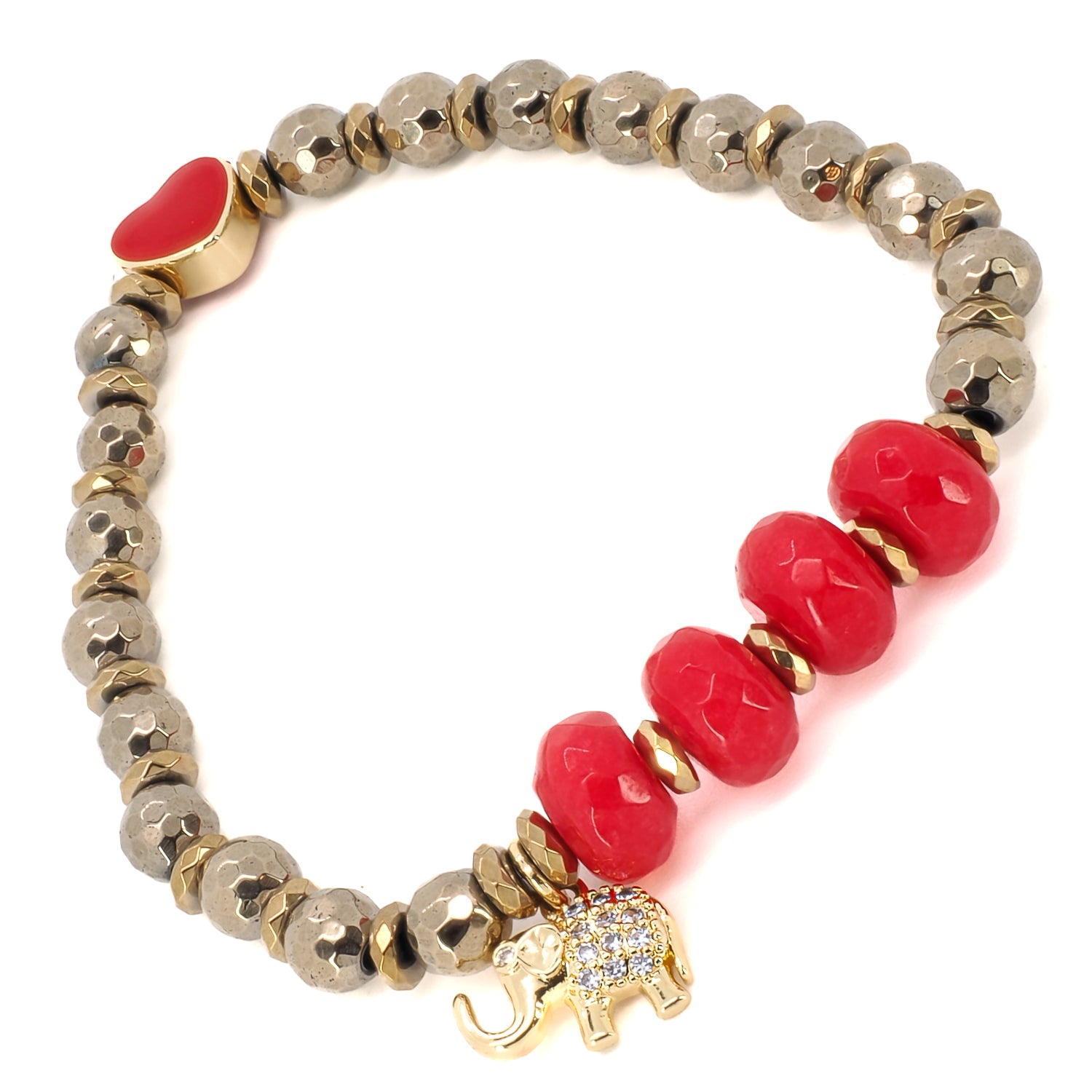 Find balance and grounding with the Red Heart Lucky Elephant Bracelet, a handmade accessory that combines hematite stone beads and a symbolic Lucky Elephant charm.
