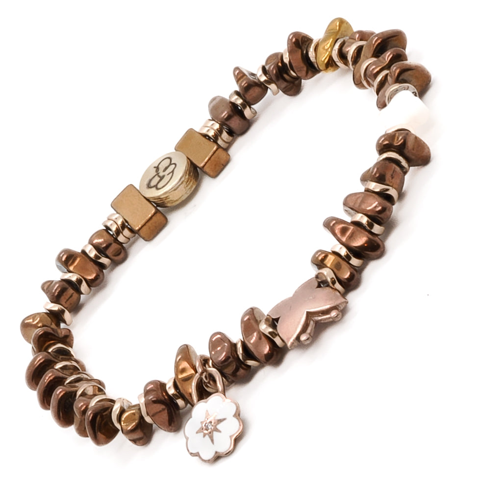 The Rose Energy Spring Bracelet combines elegance and grace, featuring rose gold hematite beads and delicate silver charms.