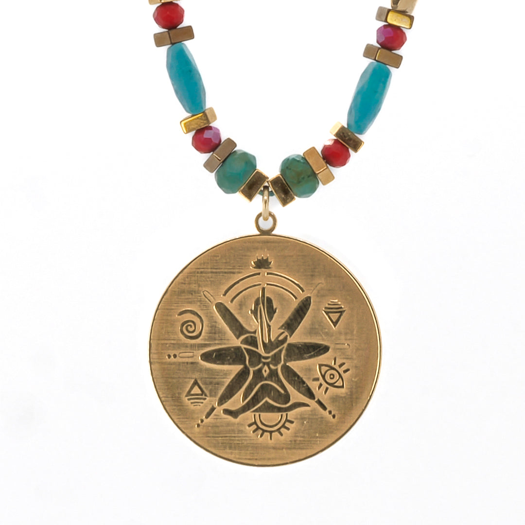 Red Crystal Beads and Turquoise Stones - Adorning the See The Good Necklace.