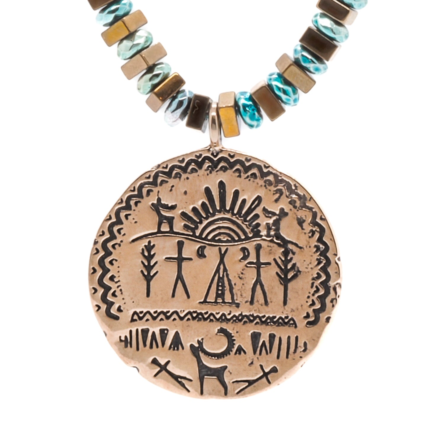 Bronze Shaman Symbols Pendant - Infusing Spiritual Power into the Handcrafted Necklace.
