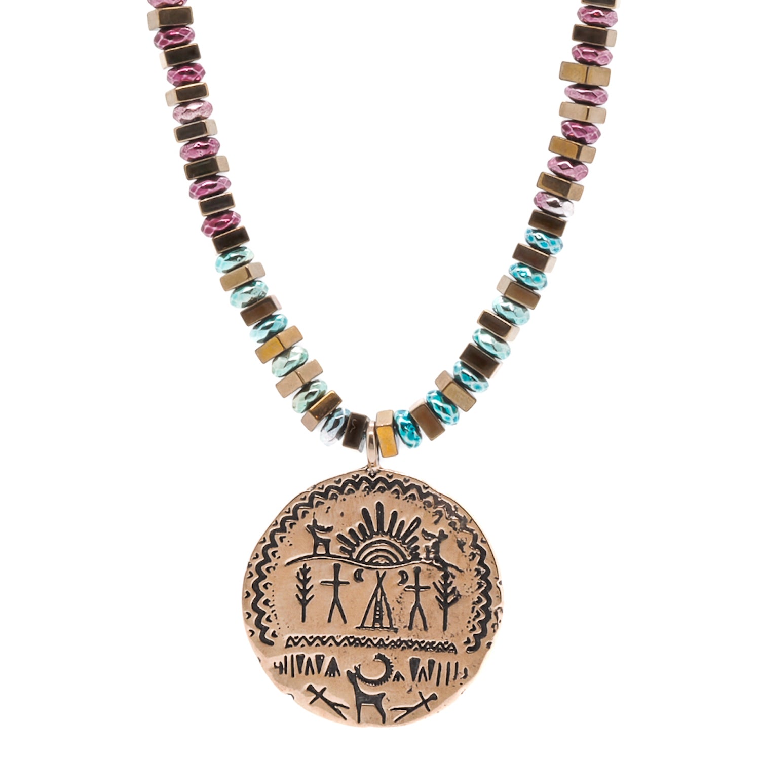 Shamanic Protection Necklace - Handcrafted with Sacred Symbols and Hematite Beads.