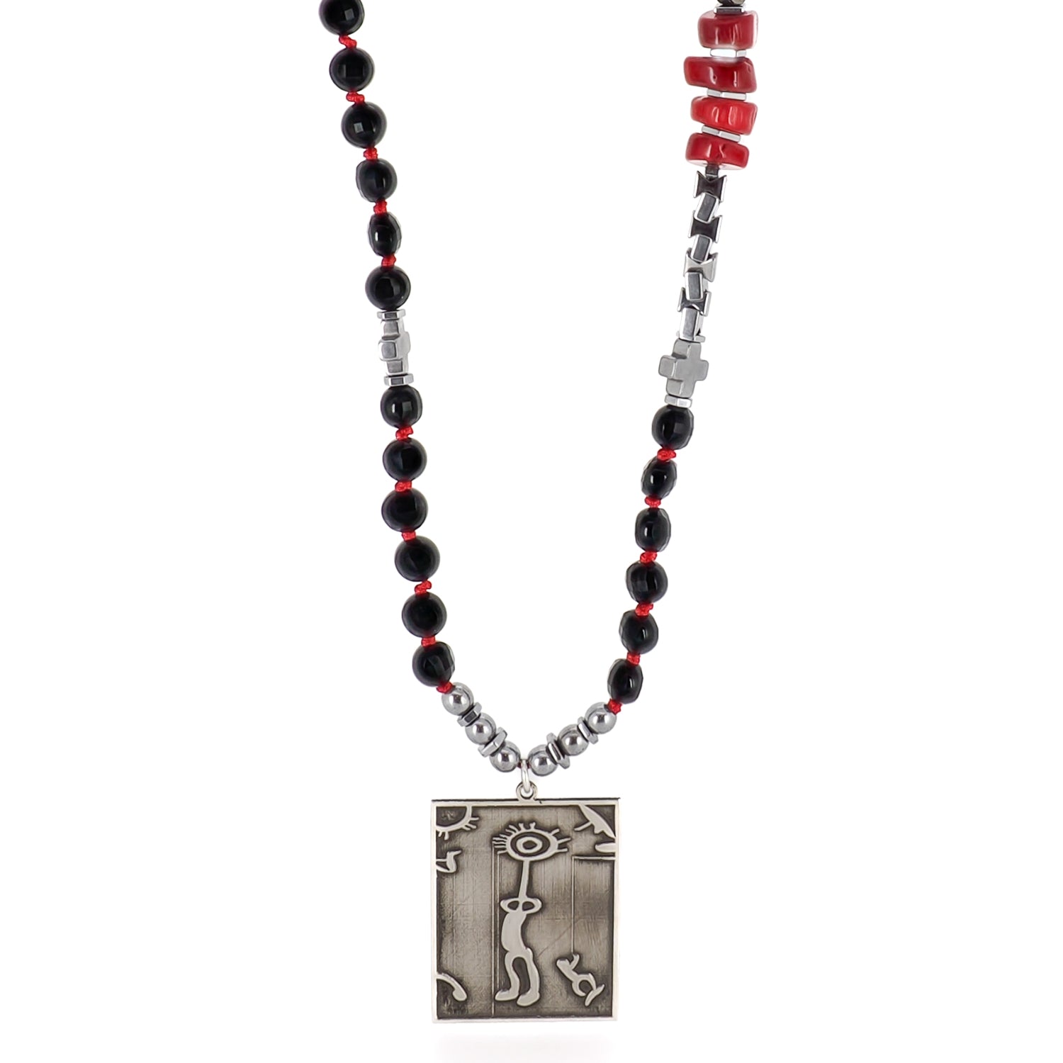 Shamanic Spirit Onyx Necklace - Handcrafted with Onyx stone and silver symbols.