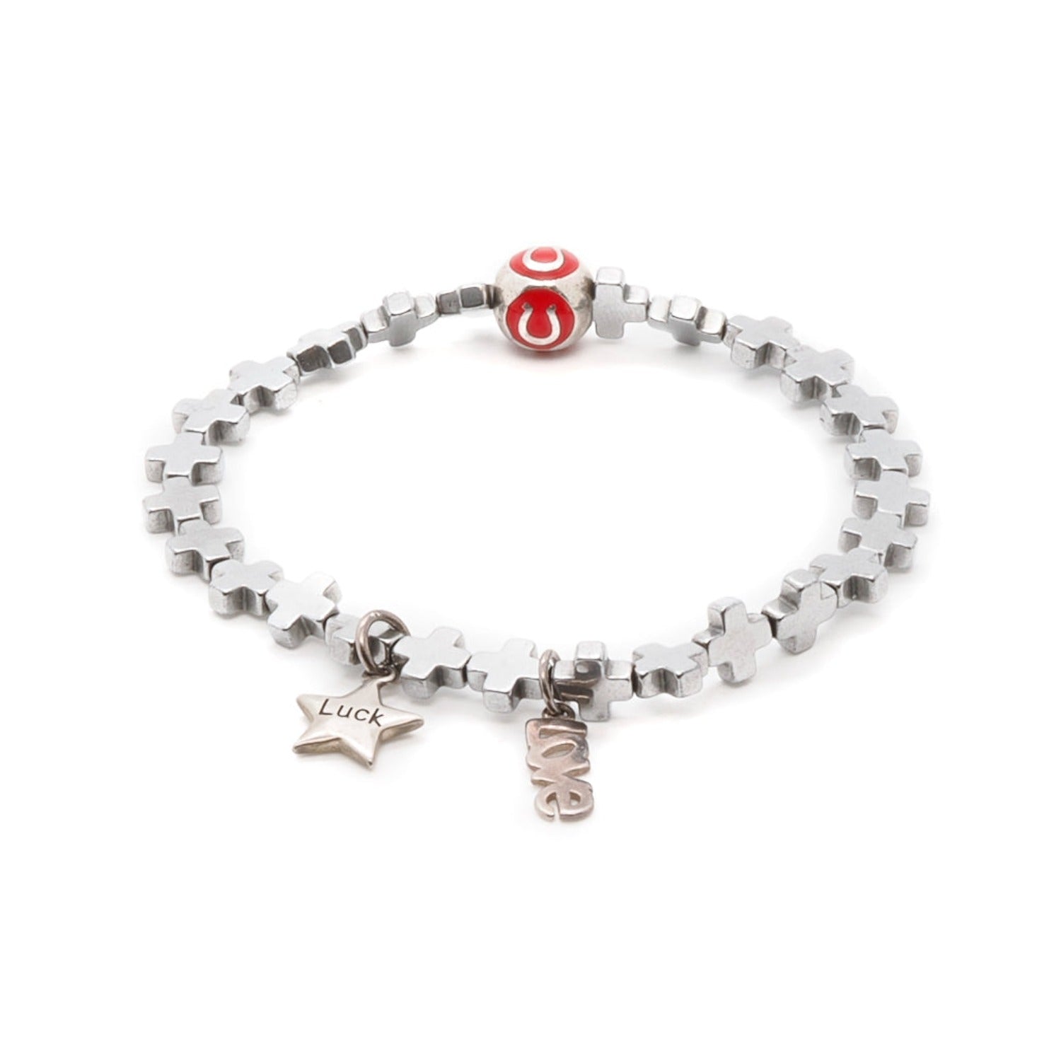 Discover the elegance of the Silver Color Lucky Charms Bracelet, adorned with silver hematite stones and sterling silver lucky charms.