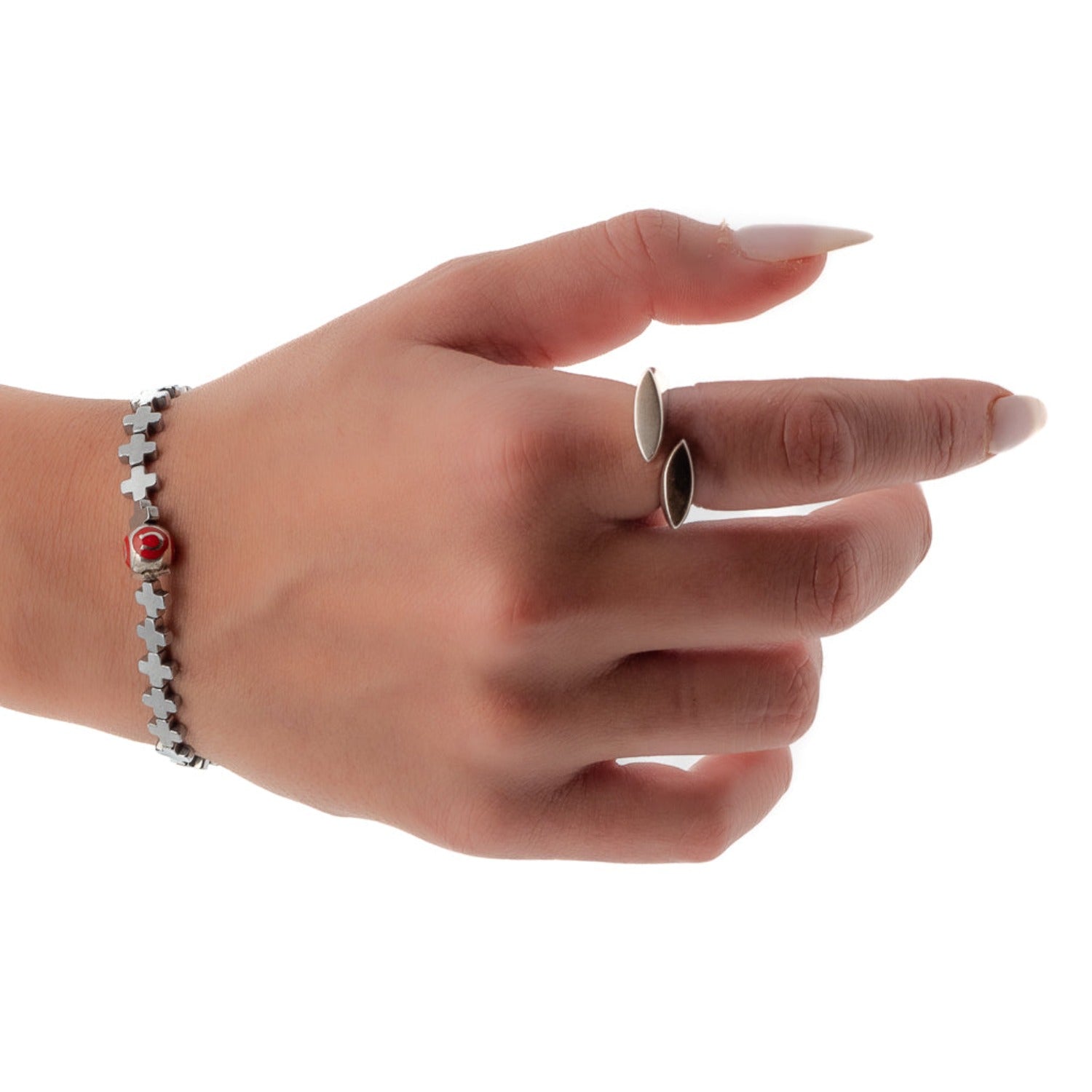 The model wearing the Silver Color Lucky Charms Bracelet, showcasing its elegant design and meaningful charms.
