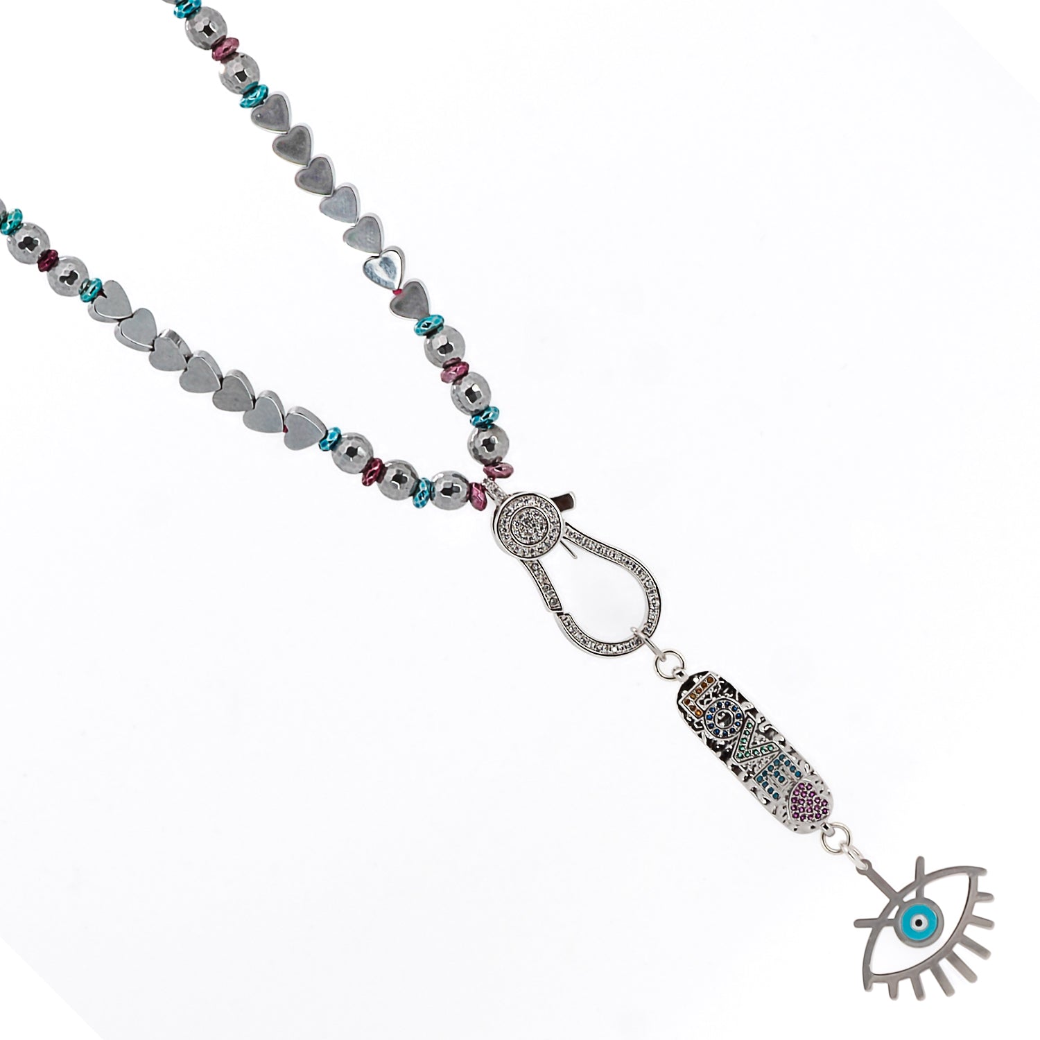 Necklace featuring silver heart beads and a meaningful evil eye charm
