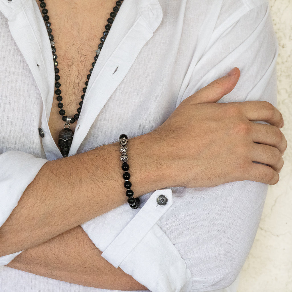 Model Rocking the Silver Tribal Mens Bracelet.