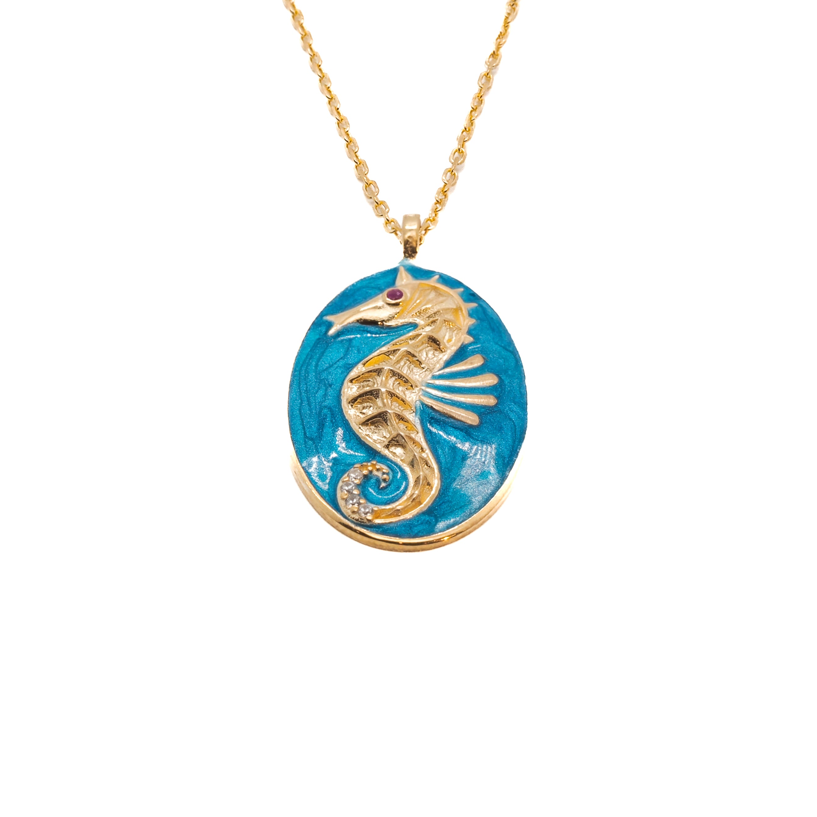 The Spirit Animal Blue Seahorse Necklace, featuring an exquisite seahorse pendant in captivating blue enamel, symbolizing strength, protection, and grace.