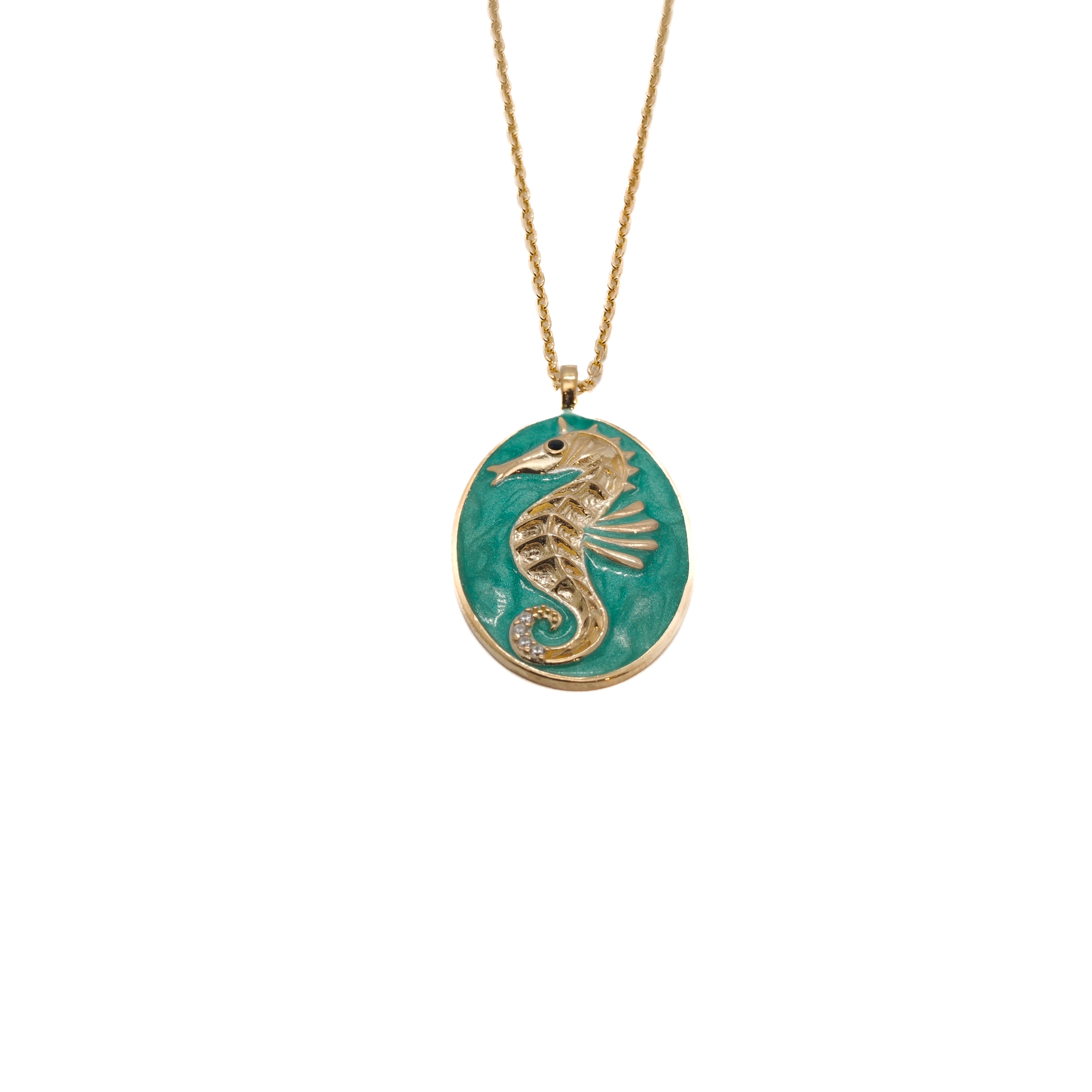 The Spirit Animal Green Seahorse Necklace, featuring an exquisite seahorse pendant in vibrant green enamel, symbolizing strength and creativity.