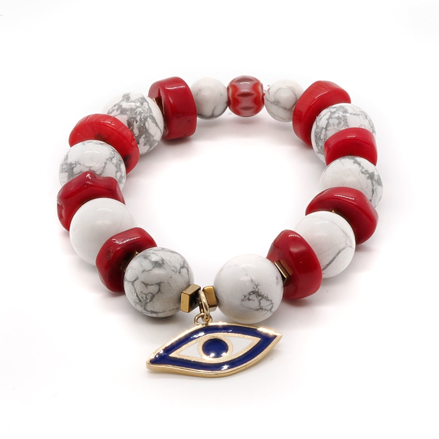 Find inner peace and protection with the Spiritual Beads Evil Eye Bracelet, featuring white howlite and a sterling silver evil eye charm.