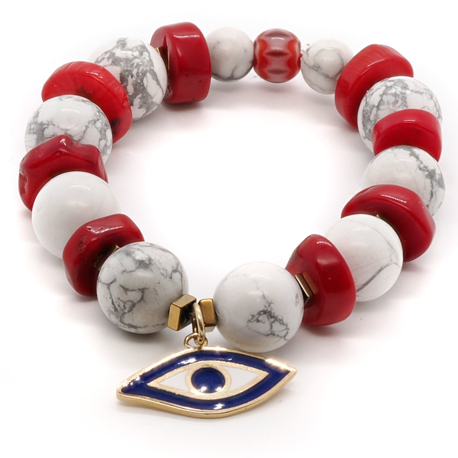 Embrace peace and clarity with the Spiritual Beads Evil Eye Bracelet, handmade with white howlite and red coral stones.