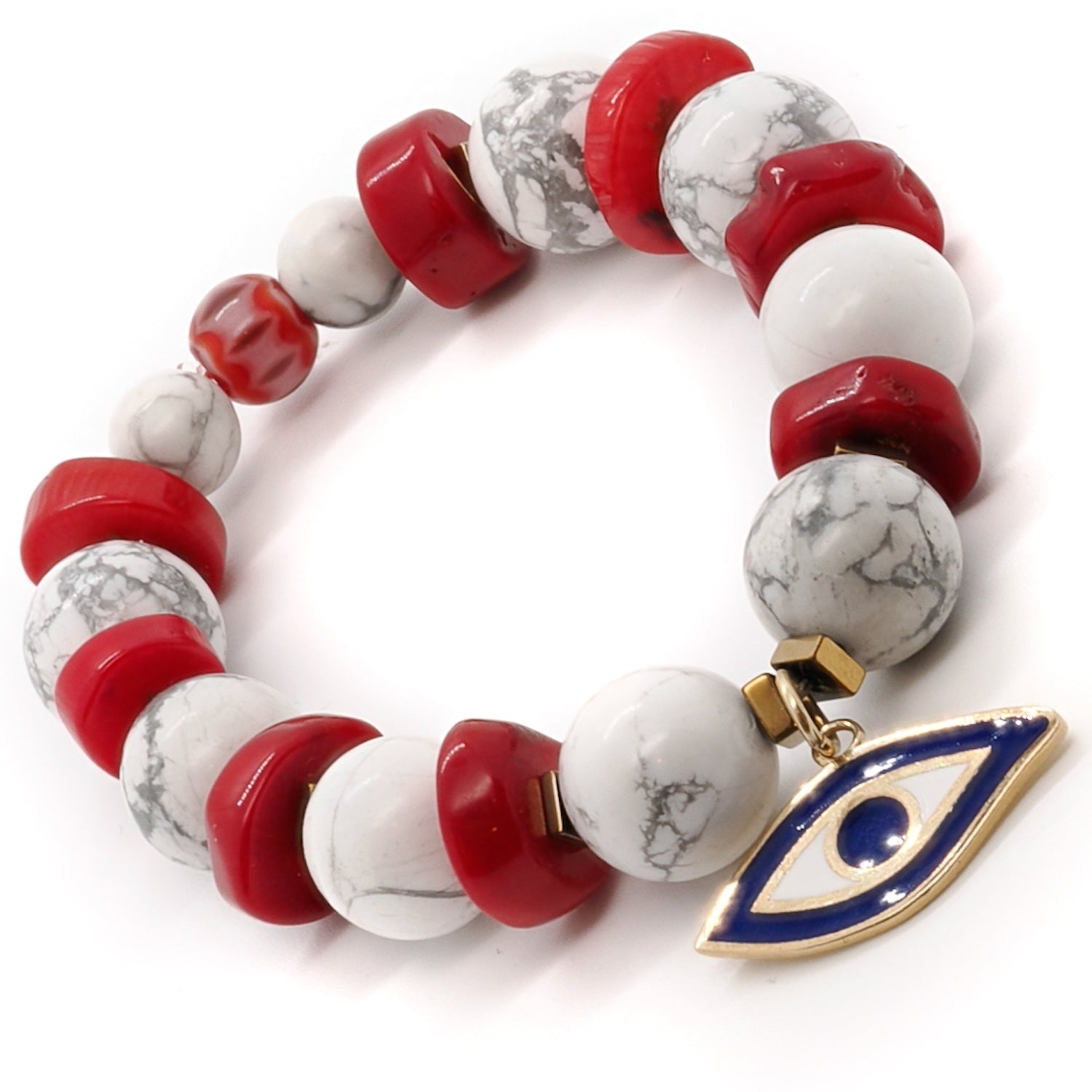 Discover joy and happiness with the Spiritual Beads Evil Eye Bracelet, adorned with red coral and gold hematite stones.