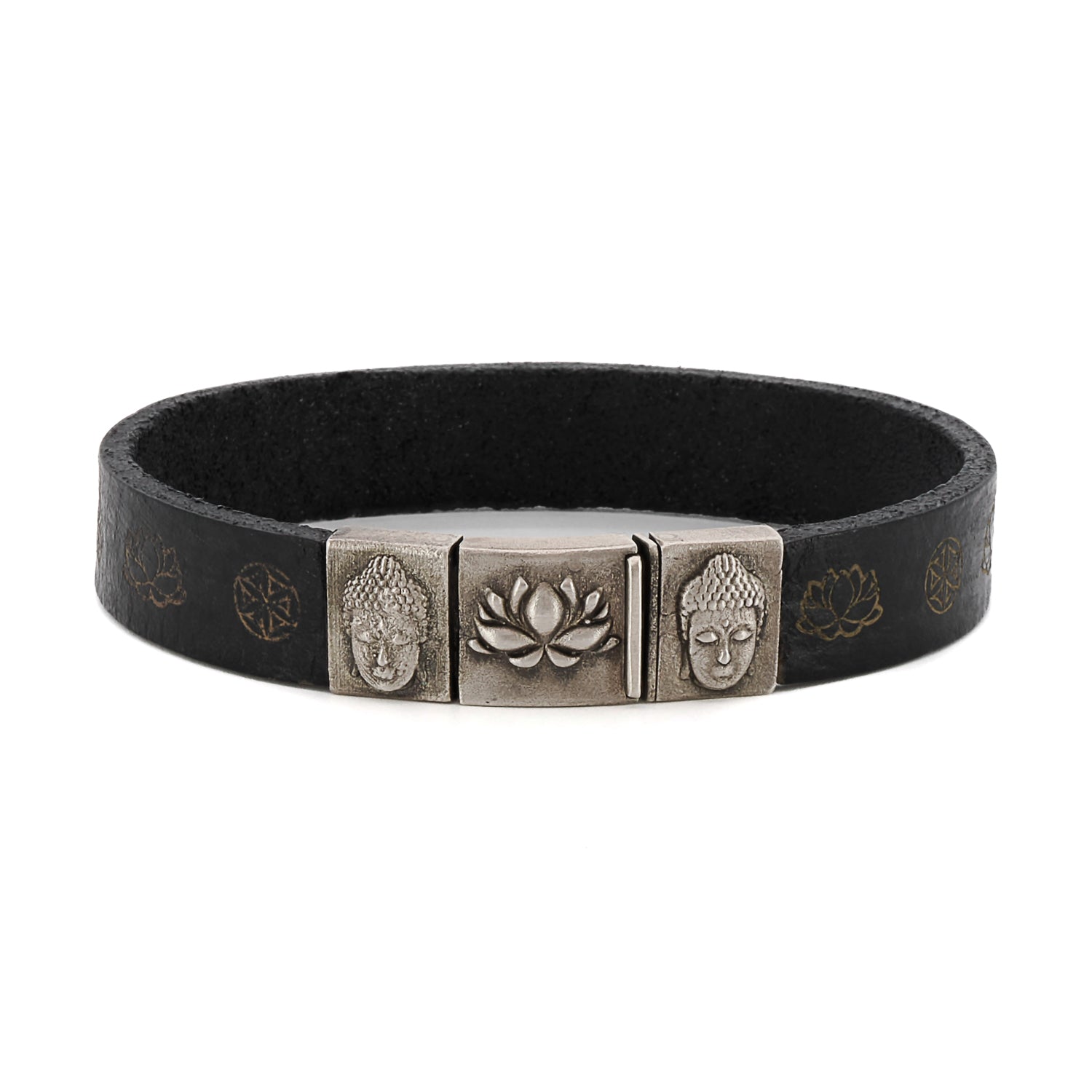 Spiritual Buddha and Lotus Bangle Bracelet - Handcrafted with Laser-Engraved Leather and Sterling Silver.