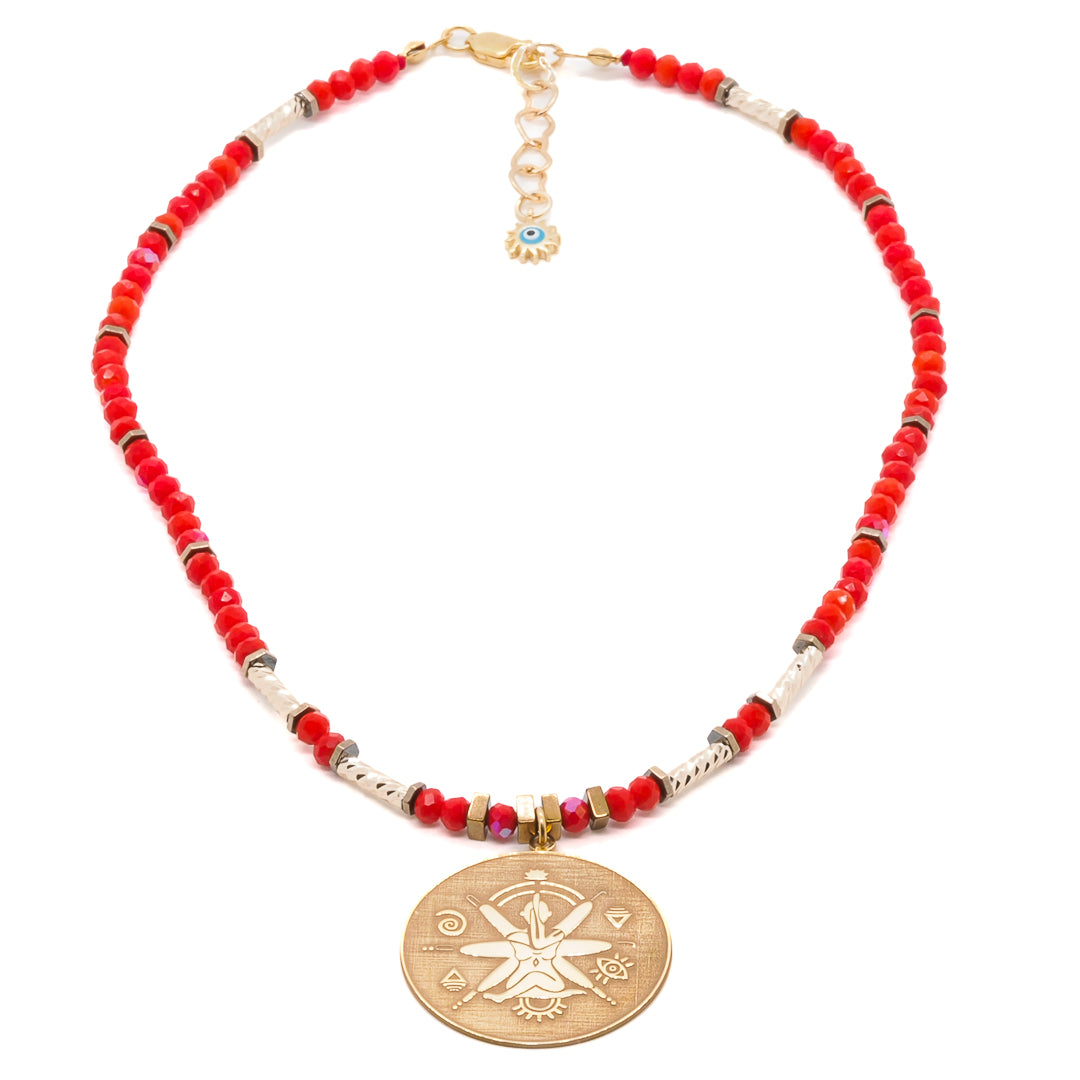 Vibrant Necklace adorned with gold hematite spacers and an eye-catching evil eye charm.