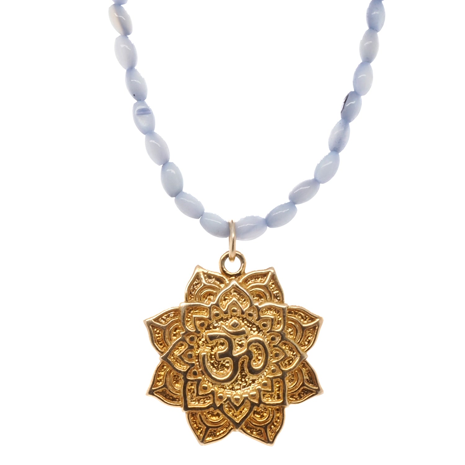 Spiritual Journey Yoga Necklace with blue mother of pearl beads and a lotus pendant.