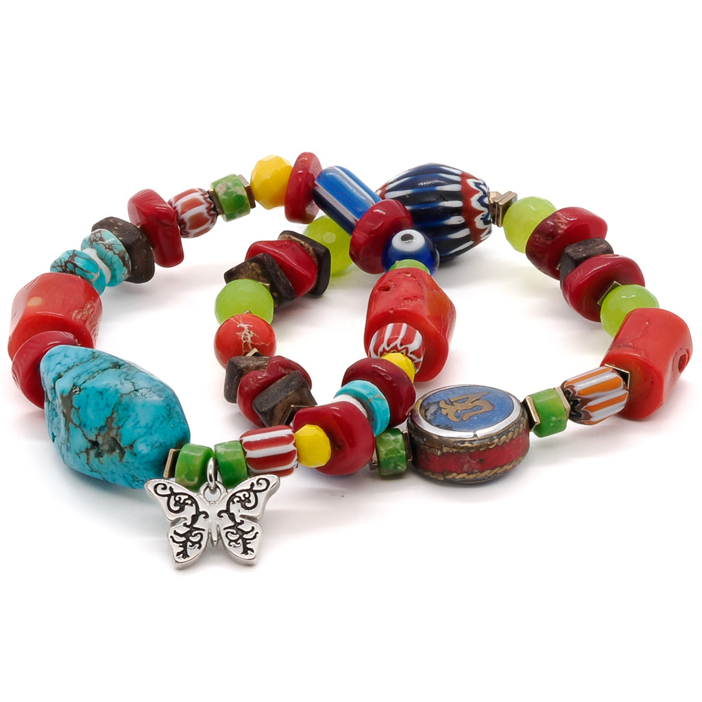 Immerse yourself in the beauty of the Spring Love Bracelet Set, featuring African beads, gold hematite spacers, and a symbolic blue evil eye bead.