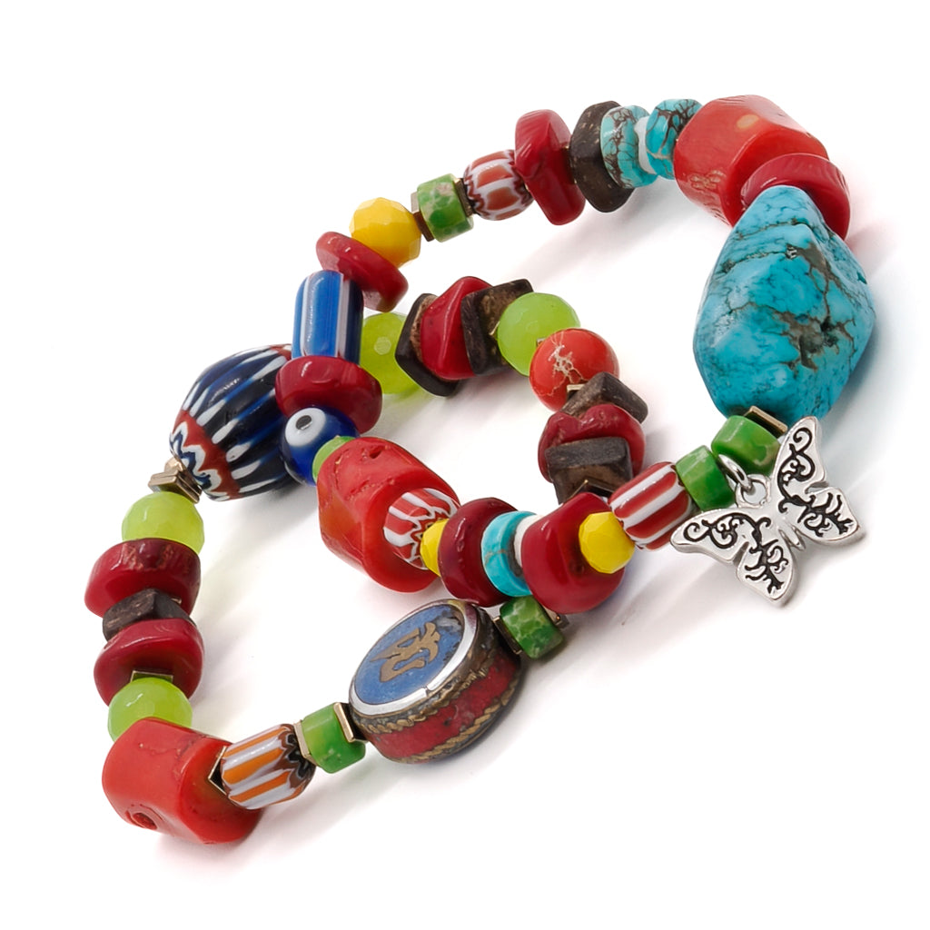 Experience the power of love and renewal with the Spring Love Bracelet Set, showcasing a captivating ensemble of red coral stone beads, green jasper beads, and blue turquoise stone beads.