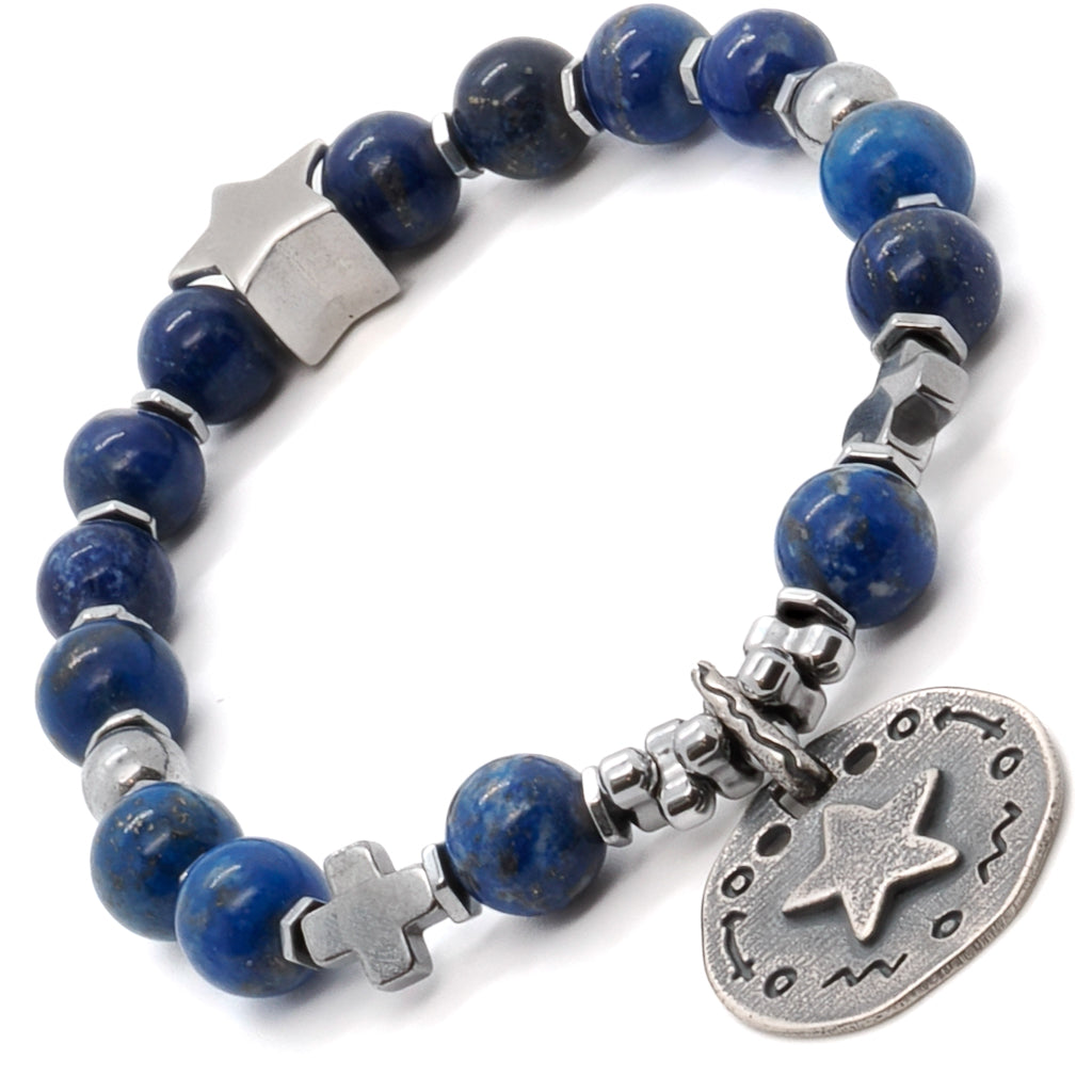 Add a touch of celestial beauty to your ensemble with the Star Blue Lapis Lazuli Bracelet, adorned with lapis lazuli beads and a silver star charm.